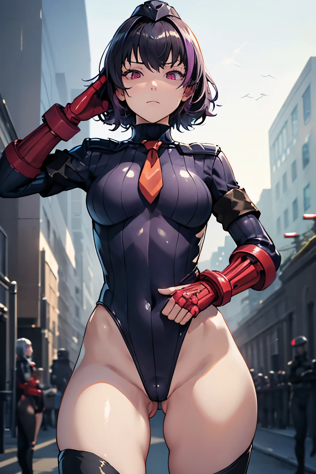 ultra-detailed, Explicit, Beautiful body, Beautiful Nose, Beautiful character design, perfect eyes, perfect face, ultra highres, 4K, beautiful legs, perfect legs, Nice hands, Perfect hand, Masterpiece, Best Quality, Highly detailed, illustration, absurdres, perfect anatomy, street fighter, doll suit, shadaloo doll, dollsuit, expressionless, blank eyes, looking at viewer, red gloves, emotionless, black latex, corruption, mind control, female combatant, full body, hypnotized, unhappy trance, full body suit, ribbed bodysuit, both arms at side, obey, perfect female body, extremely glossy latex, hypnosis, hypnoLora, empty eyes, Mind control device, poses, submissive_pose, Slave, standing straight, standing, standing at attention, hat, necktie, belt, latex, ribbed bodysuit, thigh Highs, garter belt, Fighting Stance, extending the right arm from the shoulder into the air with a straightened hand, military, thigh boots, black pantyhose, (((pixel-perfect, detail-perfect))), multiple girls, thousands of girls, millions of girls, clones, identical sisters, neat rows of sisters, neat columns of sisters, sisters standing in formation, sisters in background, saluting, salute, military saluting, matching outfits, rippernormal, purple hair,short hair,multicolored hair, red eyes,head-mounted display, Girls' Frontline