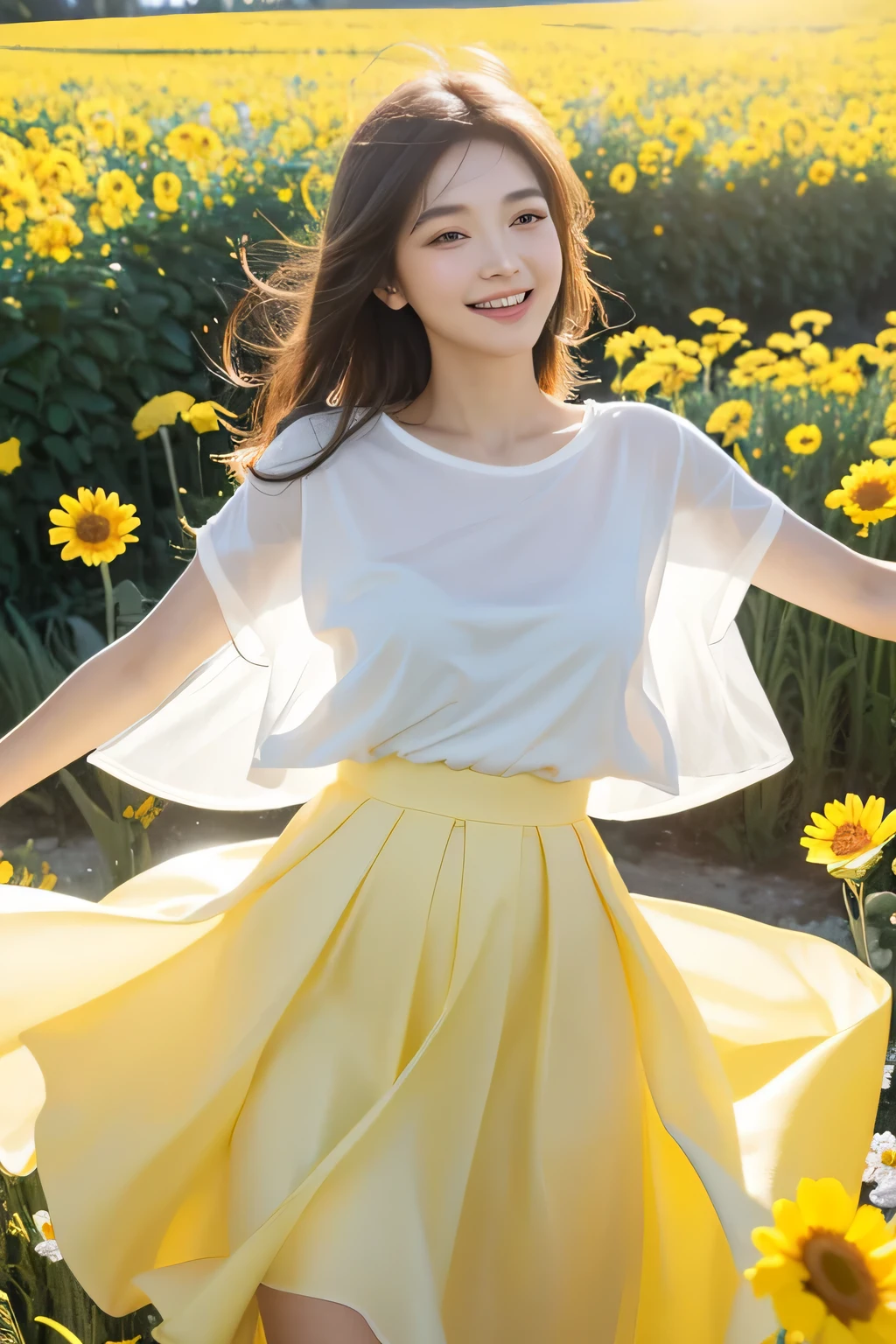 best quality, masterpiece, ultra high resolution, (realistic:1.4), RAW photos, 1 woman, white dress, Yellow T-shirt, skirt, flower field in full bloom, glowing skin, light smile