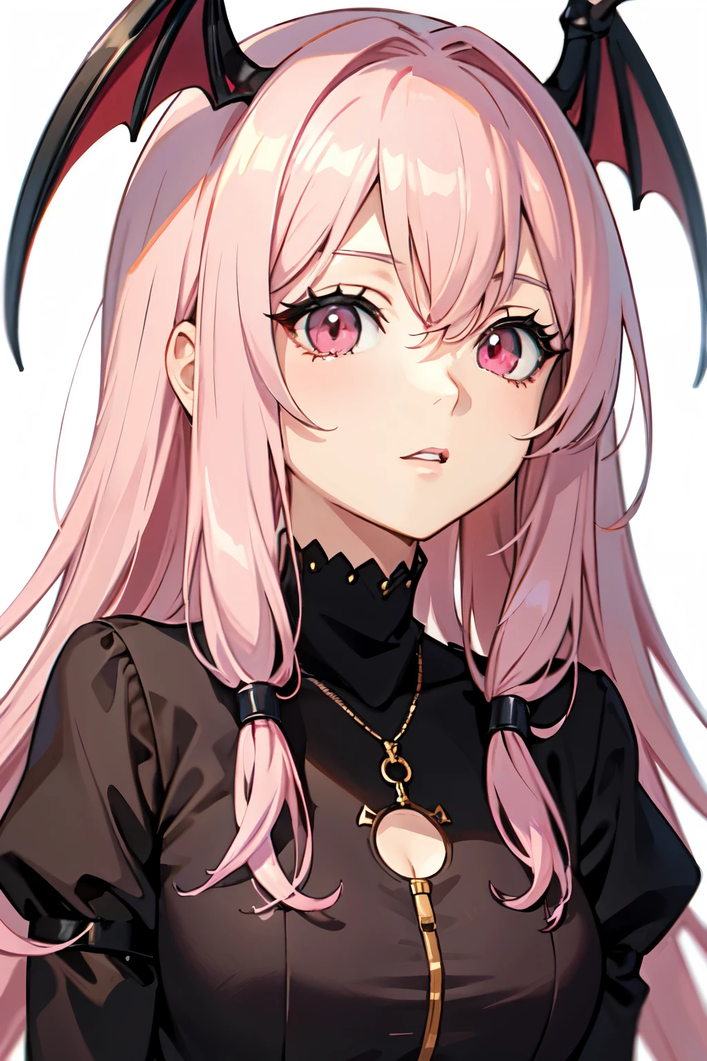 Cover magazine. anime, adult woman, middle aged woman, solo, long hair, pink hair, red eyes, demon horn, black horn, complex horn, demon woman, model, beautiful, fantasy, Casual clothes. Hair accessories. Unusual hairstyles. Earrings. Greeting. Sharp ears. Big breast. Upper body. Soft smile. Beautiful anime art. Mommy.