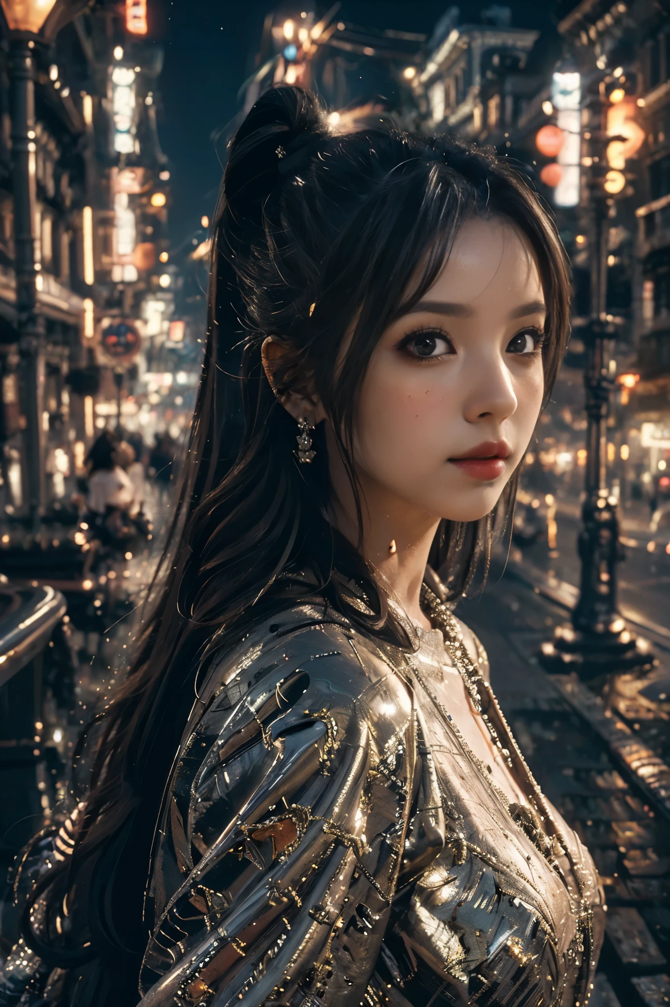 (Super detailed, masterpiece:1.2), extremely detailed artwork, best quality, high resolution, surreal:1.37, attractive girl,dark brown straight hair， long hair，amazing leap, background urban cityscape