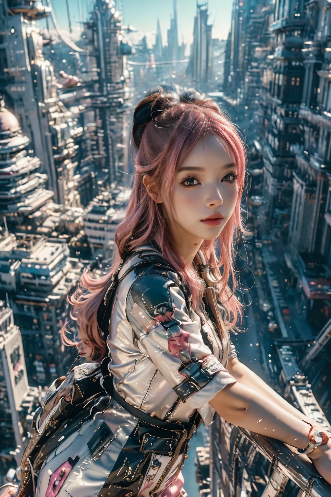 (Super detailed, masterpiece:1.2), extremely detailed artwork, best quality, high resolution, surreal:1.37, attractive girl,long pink hair, amazing leap, background urban cityscape