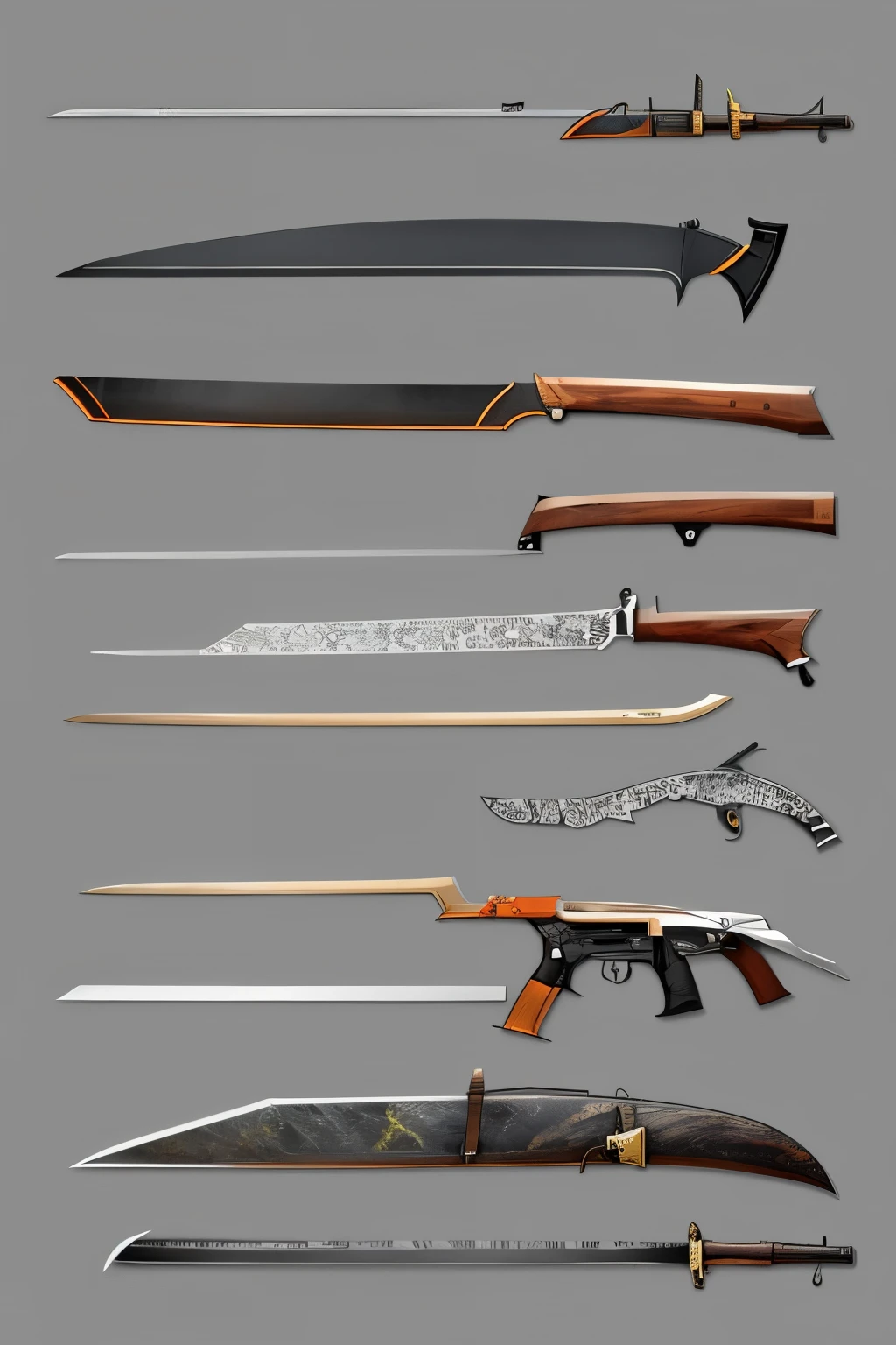 a close up of a bunch of different types of swords, sword design, weapon design, no more heroes concept art, chainsaw sword katana, weaponry concept designs, blade design, weapons concept art, weapon concept art, style of ghost blade, katana zero, katana, multiple floating swords, steampunk katana, war blade weapon, scythe design, jiang sword