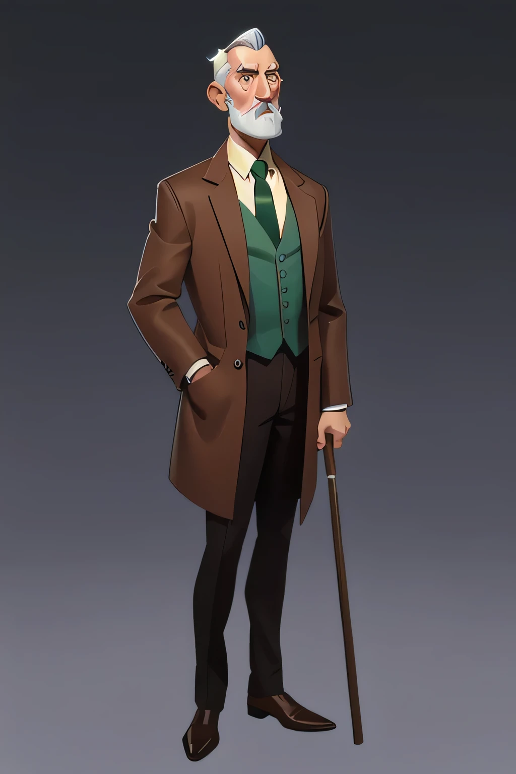 European and American cartoons, exaggerated body shape, original design, cane, solo, 1boy, male focus, old, necktie, jacket, vest, old man, standing, pants, gradient background, holding, holding cane, gradient, full body, formal, shoes, wrinkled skin, grey hair, shirt, brown pants, old woman, green necktie, brown vest, brown jacket, suit, brown footwear, holding clothes, grey background, looking at viewer, long sleeves