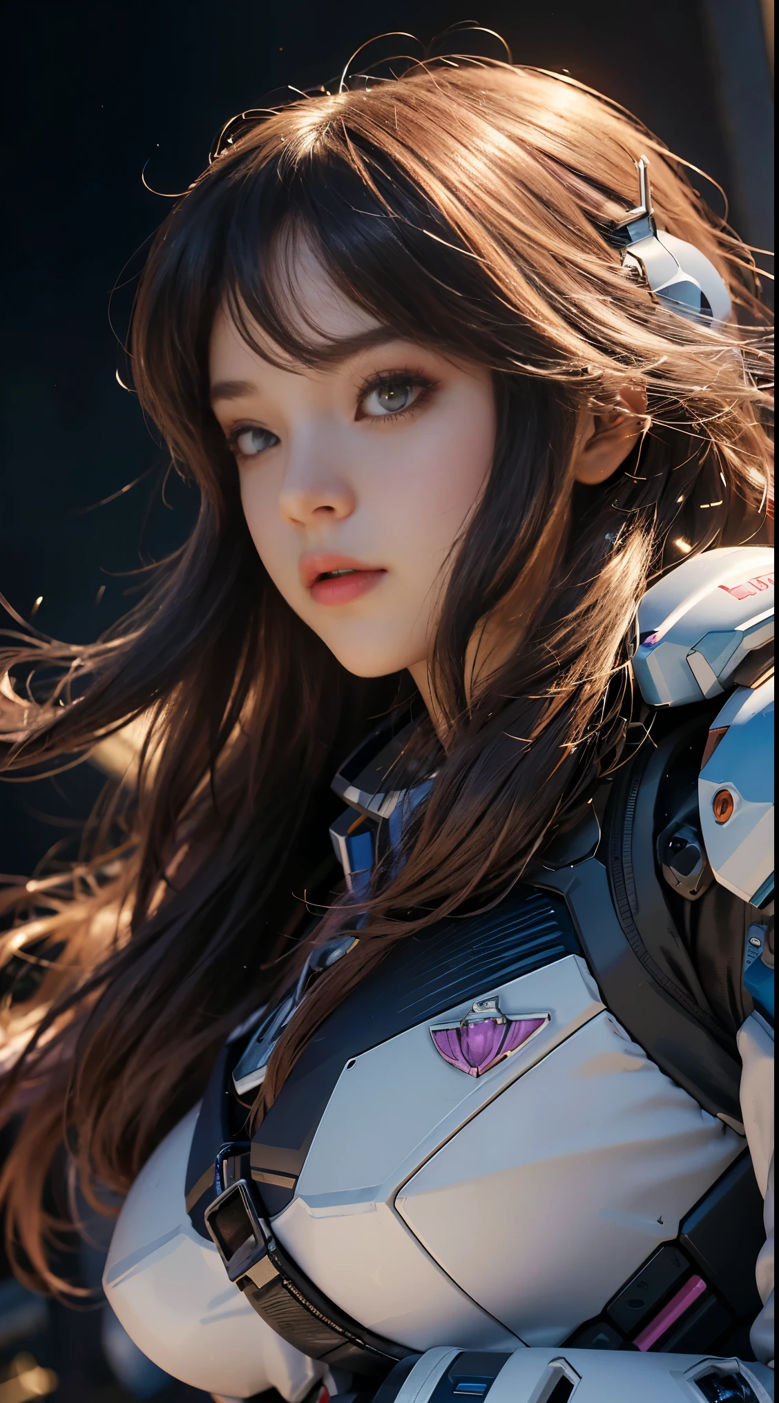 RAW, Masterpiece, Ultra Fine Photo,, Best Quality, Ultra High Resolution, Photorealistic, Sunlight, Full Body Portrait, Stunningly Beautiful,, Dynamic Poses, Delicate Face, Vibrant Eyes, (Side View) a close up of a woman in a pink and white gundam custume, dybamic pose, long brown very very long hair rapunzel, girl in mecha cyber armor, portrait armored astronaut girl, d. va from overwatch, female mecha, on a gundam, gundam head, chiho aoshima color scheme, mobile suit, streamlined purple armor, fully robotic!! girl, realistic cosplay, gundam armor (dynamic pose) (best cameraview), full body