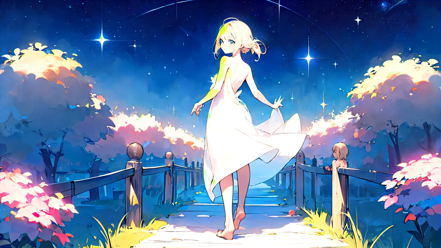 (masterpiece)、(highest quality)、high contrast、(fine)、(beautiful)、(one android girl)、Completely naked、milky blonde hair、The path guided by starlight、fantasy of dawn、The journey continues、positive look
