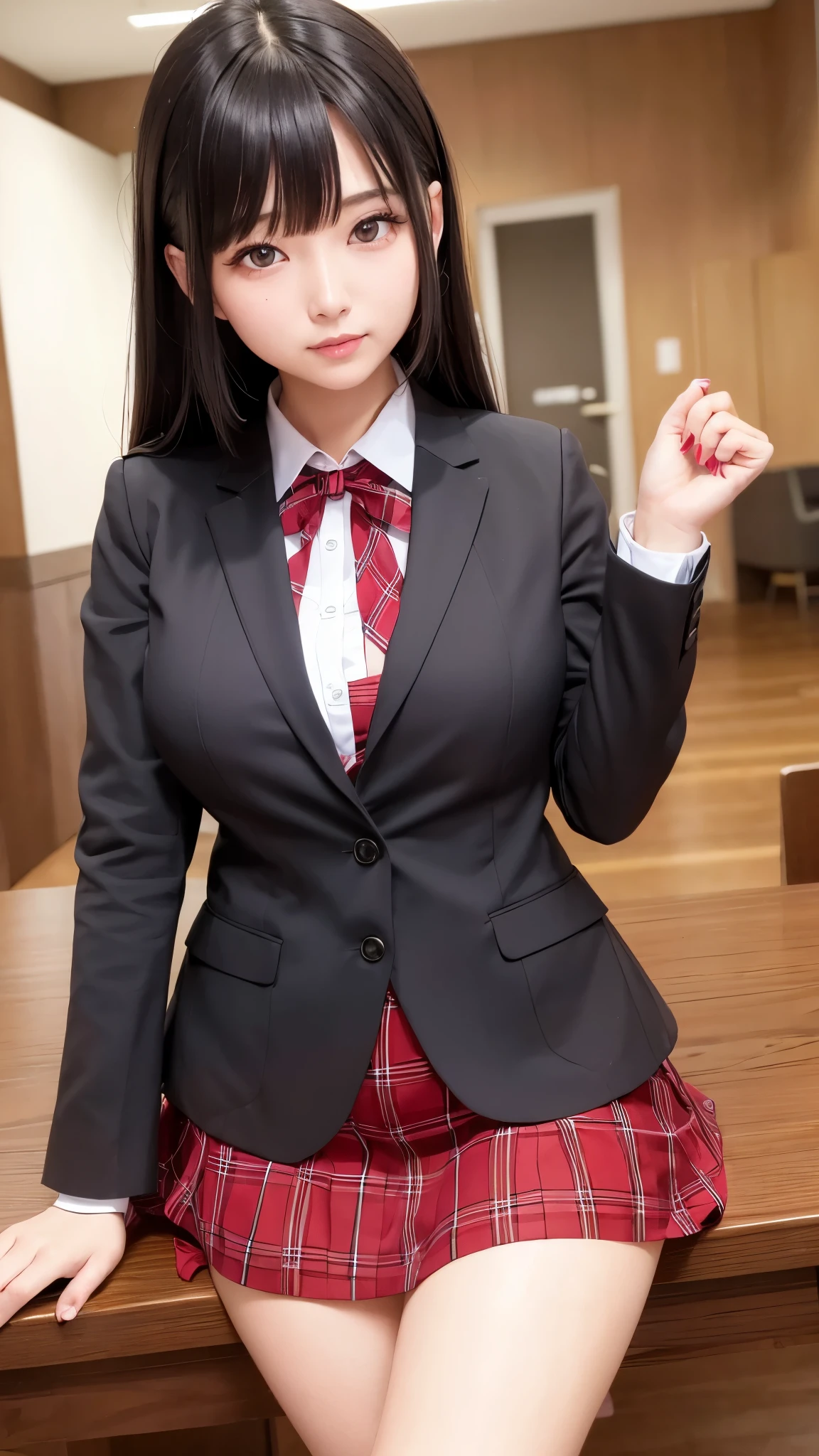 ((high quality)), ((table top)), (detailed face), (highlight), female、Big breasts、blunt bangs、black hair、plaid skirt、blazer red black、