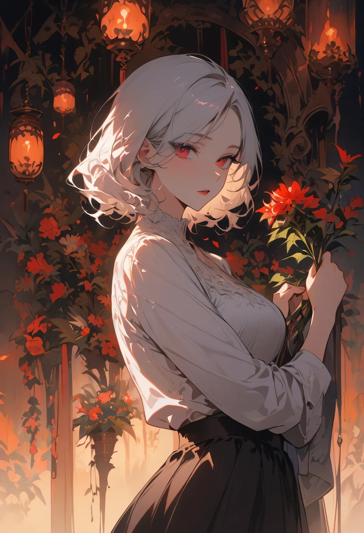 (best quality, masterpiece), (1 girl, alone, black skirt, permanent , looking at the audience, white hair, Red eyes, holding a rose, Keep your mouth shut, Upper body), (Red dream catcher in the back, safflower, )