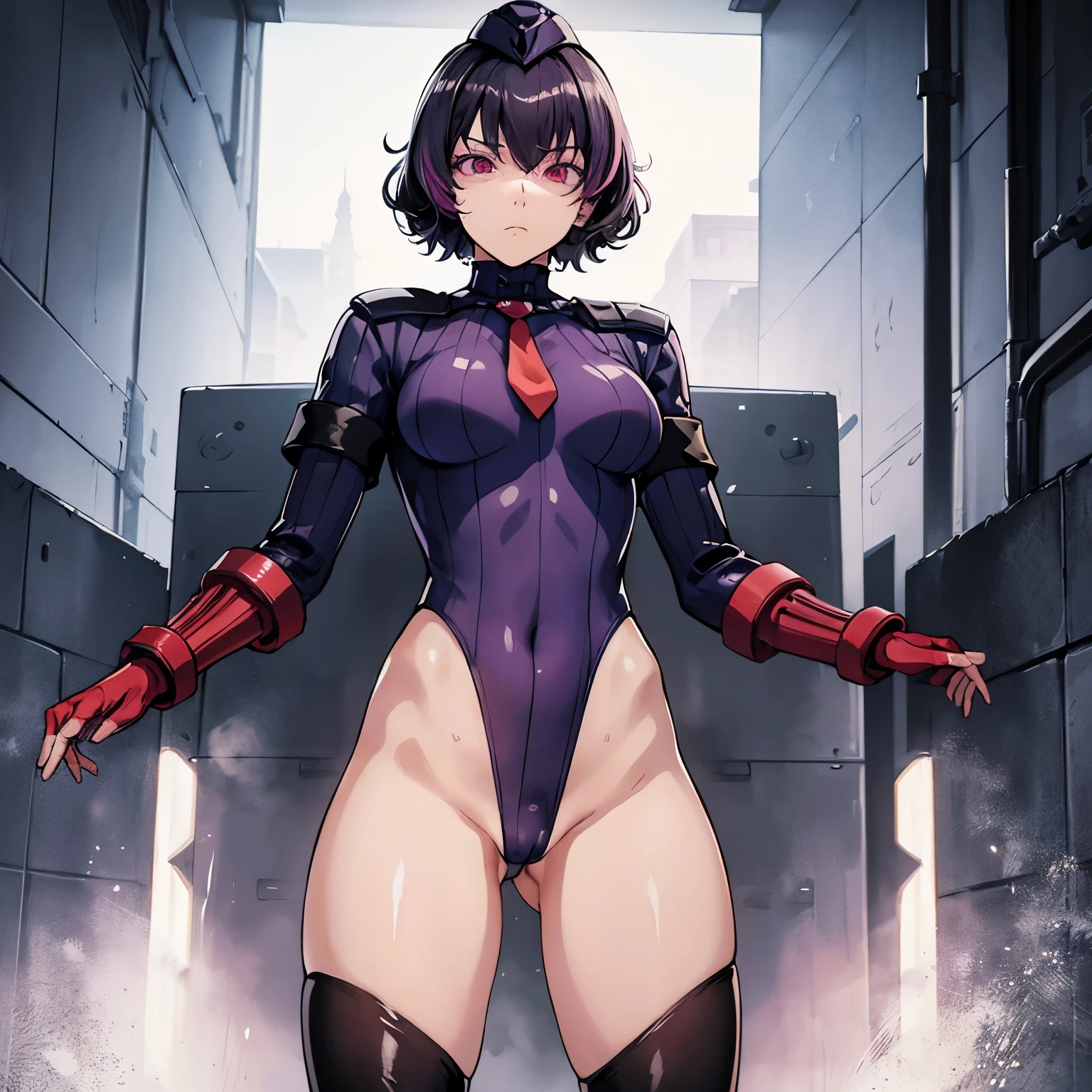 ultra-detailed, Explicit, Beautiful body, Beautiful Nose, Beautiful character design, perfect eyes, perfect face, ultra highres, 4K, beautiful legs, perfect legs, Nice hands, Perfect hand, Masterpiece, Best Quality, Highly detailed, illustration, absurdres, perfect anatomy, street fighter, doll suit, shadaloo doll, dollsuit, expressionless, blank eyes, looking at viewer, red gloves, emotionless, black latex, corruption, mind control, female combatant, full body, hypnotized, unhappy trance, full body suit, ribbed bodysuit, both arms at side, obey, perfect female body, extremely glossy latex, hypnosis, hypnoLora, empty eyes, Mind control device, poses, submissive_pose, Slave, standing straight, standing, standing at attention, hat, necktie, belt, latex, ribbed bodysuit, thigh Highs, garter belt, Fighting Stance, extending the right arm from the shoulder into the air with a straightened hand, military, thigh boots, black pantyhose, (((pixel-perfect, detail-perfect))), multiple girls, thousands of girls, millions of girls, clones, identical sisters, neat rows of sisters, neat columns of sisters, sisters standing in formation, sisters in background, saluting, salute, military saluting, matching outfits, rippernormal, purple hair,short hair,multicolored hair, red eyes,head-mounted display, Girls' Frontline, group picture