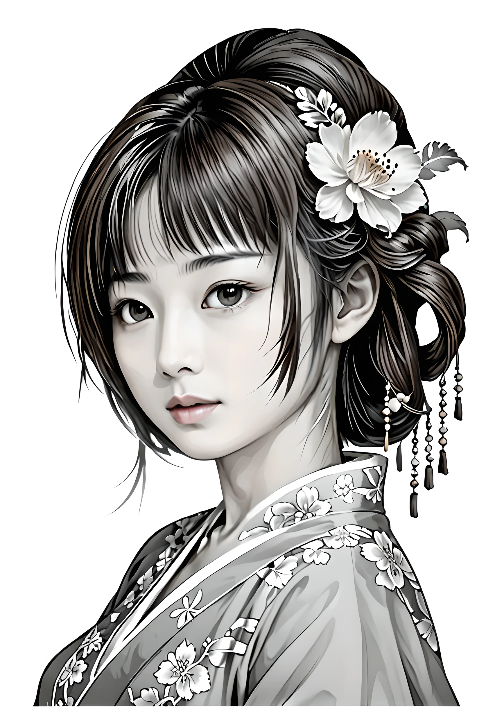 masterpiece, line art of a jAPANESE female character, baroque patterns, style by double exposure, no shading, for coloring page, white space, no shadowing, all white,chan-wong