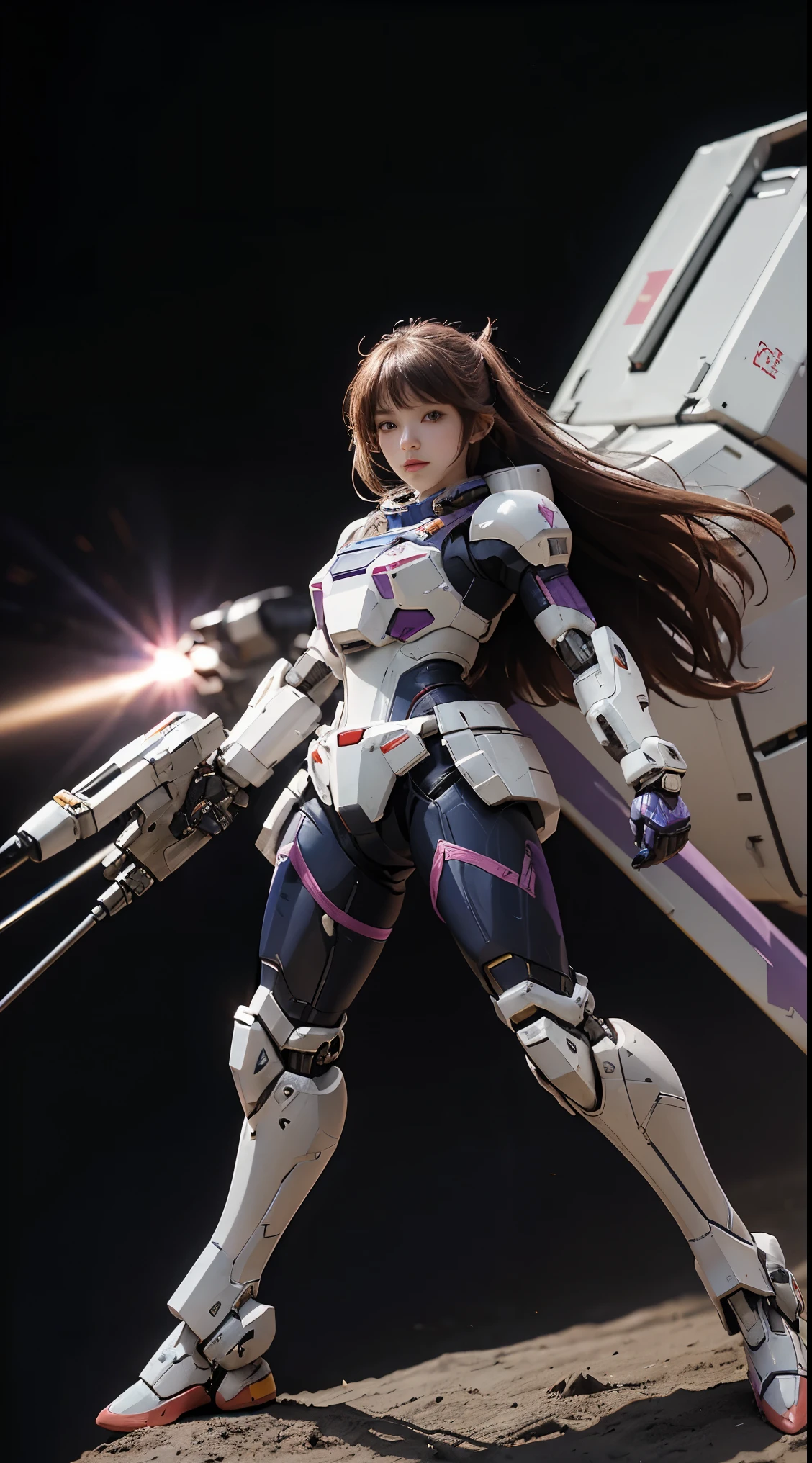 RAW, Masterpiece, Ultra Fine Photo,, Best Quality, Ultra High Resolution, Photorealistic, Sunlight, Full Body Portrait, Stunningly Beautiful,, Dynamic Poses, Delicate Face, Vibrant Eyes, (Side View) a close up of a woman in a pink and white gundam custume, dybamic pose, long brown very very long hair rapunzel, girl in mecha cyber armor, portrait armored astronaut girl, d. va from overwatch, female mecha, on a gundam, gundam head, chiho aoshima color scheme, mobile suit, streamlined purple armor, fully robotic!! girl, realistic cosplay, gundam armor (dynamic pose) (best cameraview), full body