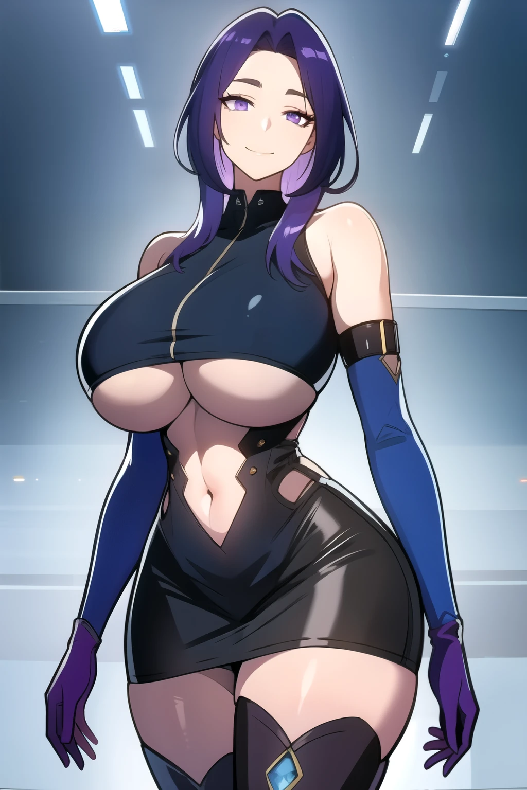masterpiece, best quality, absurdres, 8k, perfect shadows,perfect lighting,hdr, cowboy shot,shiny skin,skindentation, beautiful body, kafka, ((Purplish Blue hair: 1.4)), long hair, (violet eyes: 1.4), (crop top, underboob, elbow gloves, thigh boots, split skirt, bare shoulders, curvy, midriff, curvy, thighs, higheels, shiny clothes), complex detailed background, inside, luxury palace) (gigantic breasts,hourglass body, thin waist,very slim waist)extremely detailed face,detailed eye makeup, detail face, nice detailed eyes,nice hands, perfect hands (realistic pupils,realistic iris:1) heavy eye makeup,glowing eyes, Bright eyes,standing,standing at attention,(seductive smile), gigantic breasts, curvy, cowboy shot