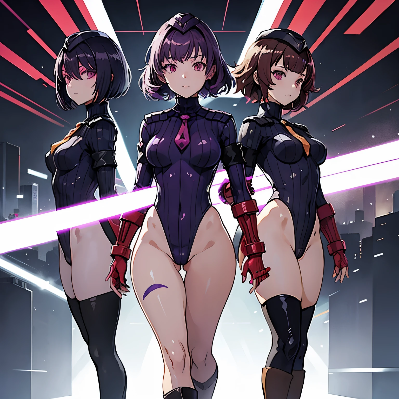perfect anime illustration, multiple girls, thousands of girls, millions of girls, clones, identical sisters, neat rows of sisters, neat columns of sisters, sisters standing in formation, sisters in background, matching hairstyle, ((matching outfits ,doll suit, shadaloo doll, dollsuit, black latex, ribbed bodysuit,)) matching hairstyles, highres, full body, pose, rippernormal, purple hair,short hair,multicolored hair, red eyes,head-mounted display, Girls' Frontline
