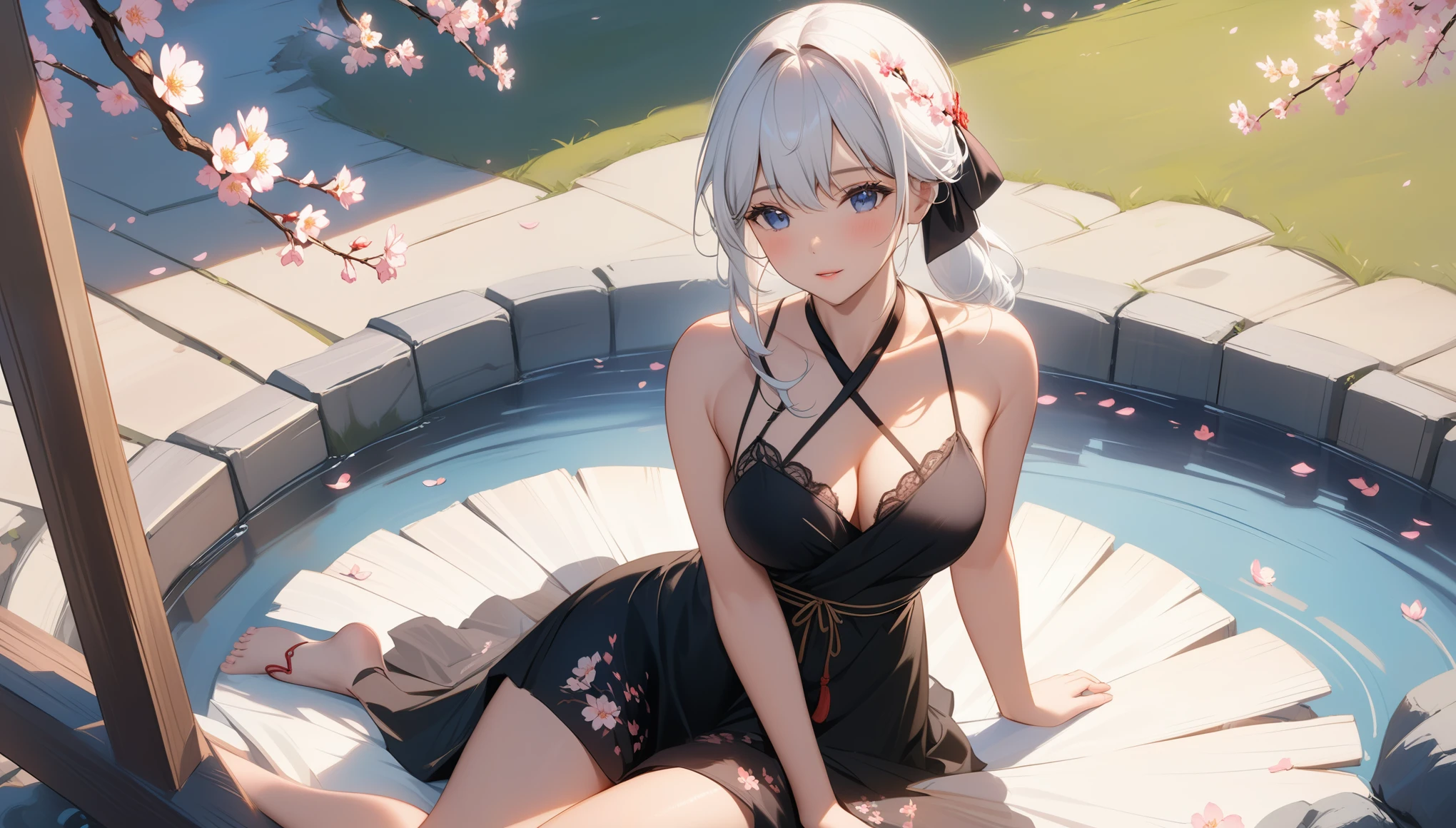 masterpiece, top quality, Super details, 8K, detail light, Detailed shadows, raw, (Delicate skin), (real: 1.2),, 1 girl, white hair, black sexy dress,Cherry blossoms,hot spring