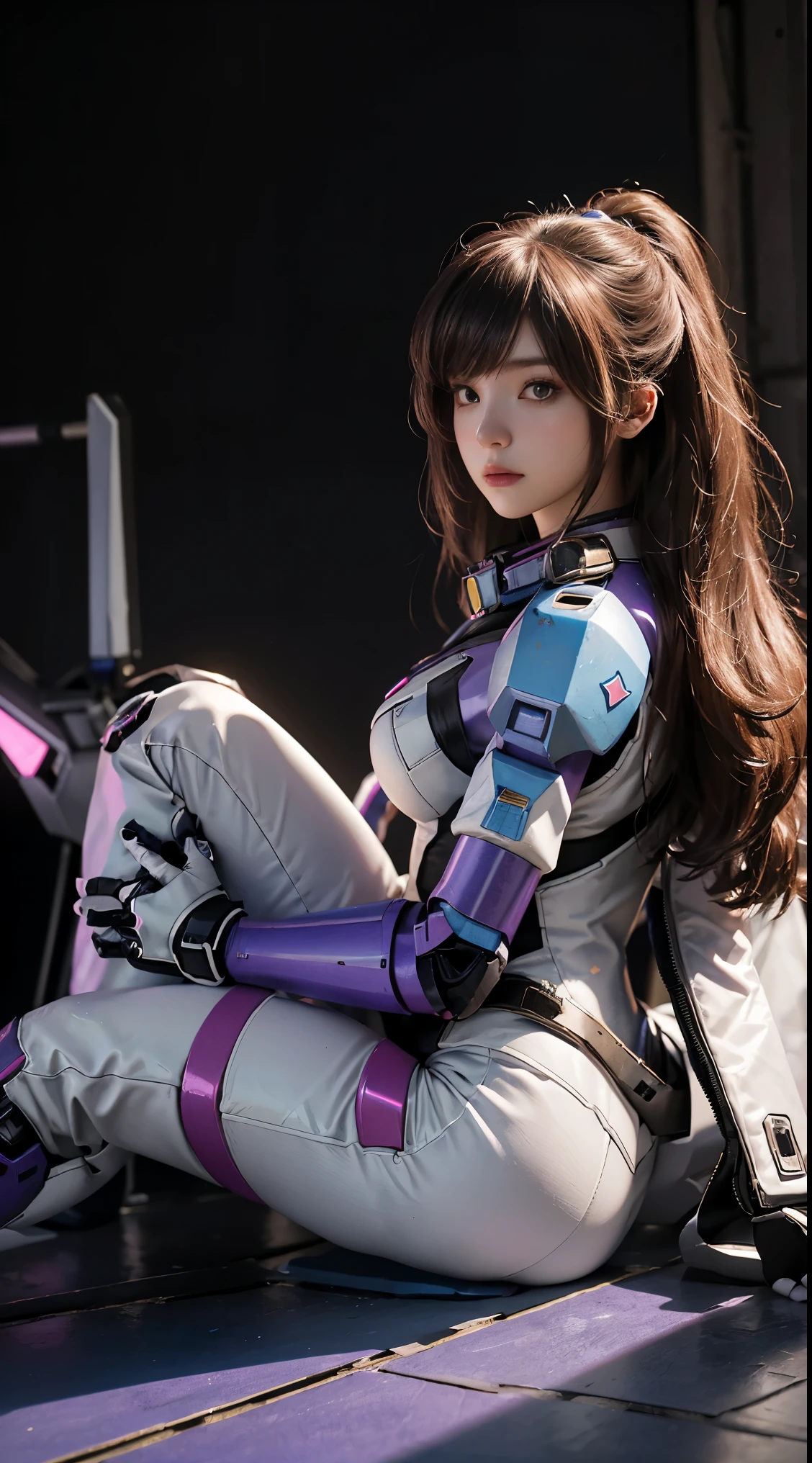 RAW, Masterpiece, Ultra Fine Photo,, Best Quality, Ultra High Resolution, Photorealistic, Sunlight, Full Body Portrait, Stunningly Beautiful,, Dynamic Poses, Delicate Face, Vibrant Eyes, (Side View) a close up of a woman in a pink and white gundam custume, dybamic pose, long brown very very long hair rapunzel, girl in mecha cyber armor, portrait armored astronaut girl, d. va from overwatch, female mecha, on a gundam, gundam head, chiho aoshima color scheme, mobile suit, streamlined purple armor, fully robotic!! girl, realistic cosplay, gundam armor (dynamic pose) (best cameraview), full body