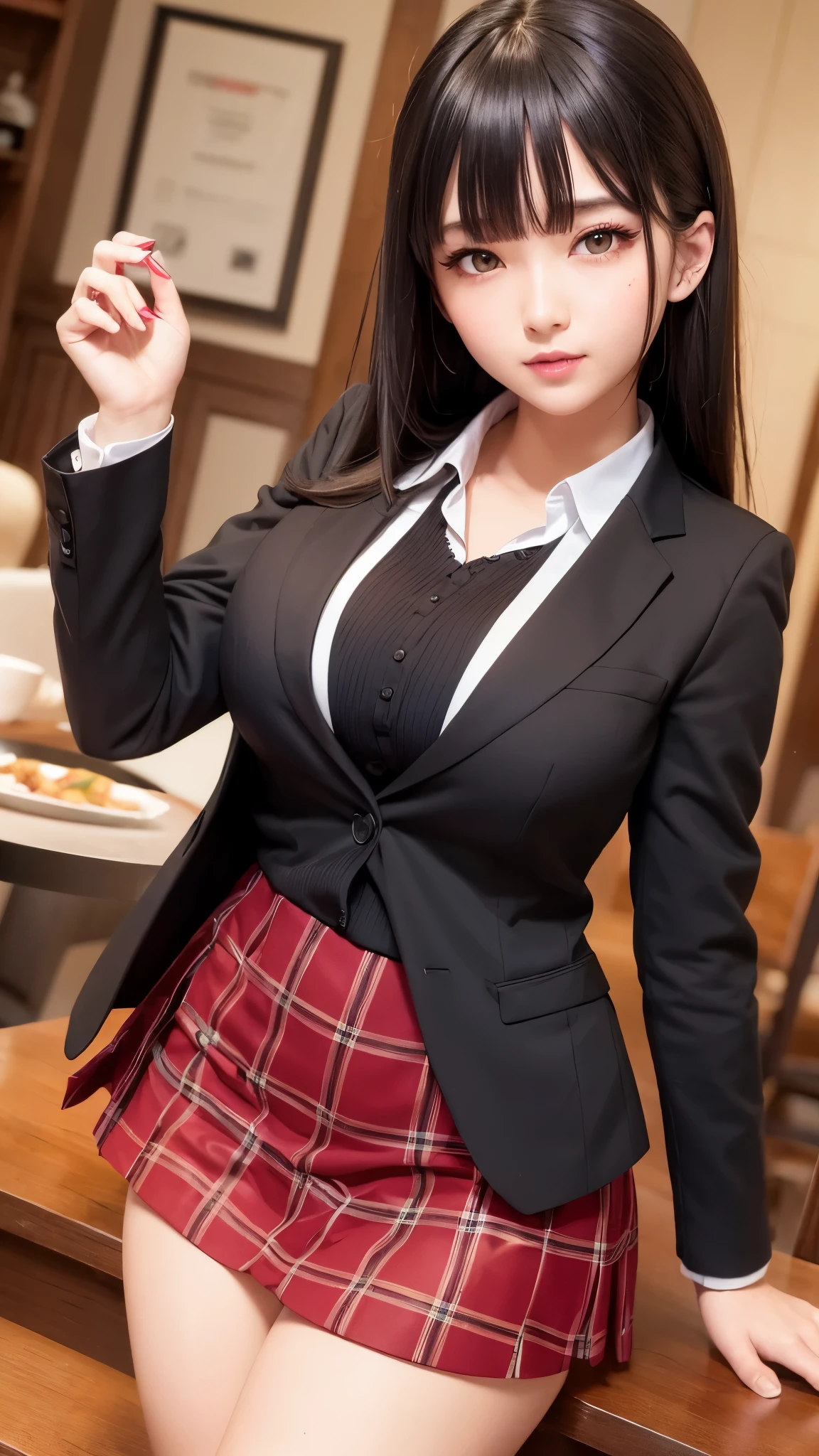 ((high quality)), ((table top)), (detailed face), (highlight), female、Big breasts、blunt bangs、black hair、plaid skirt、blazer、red black、