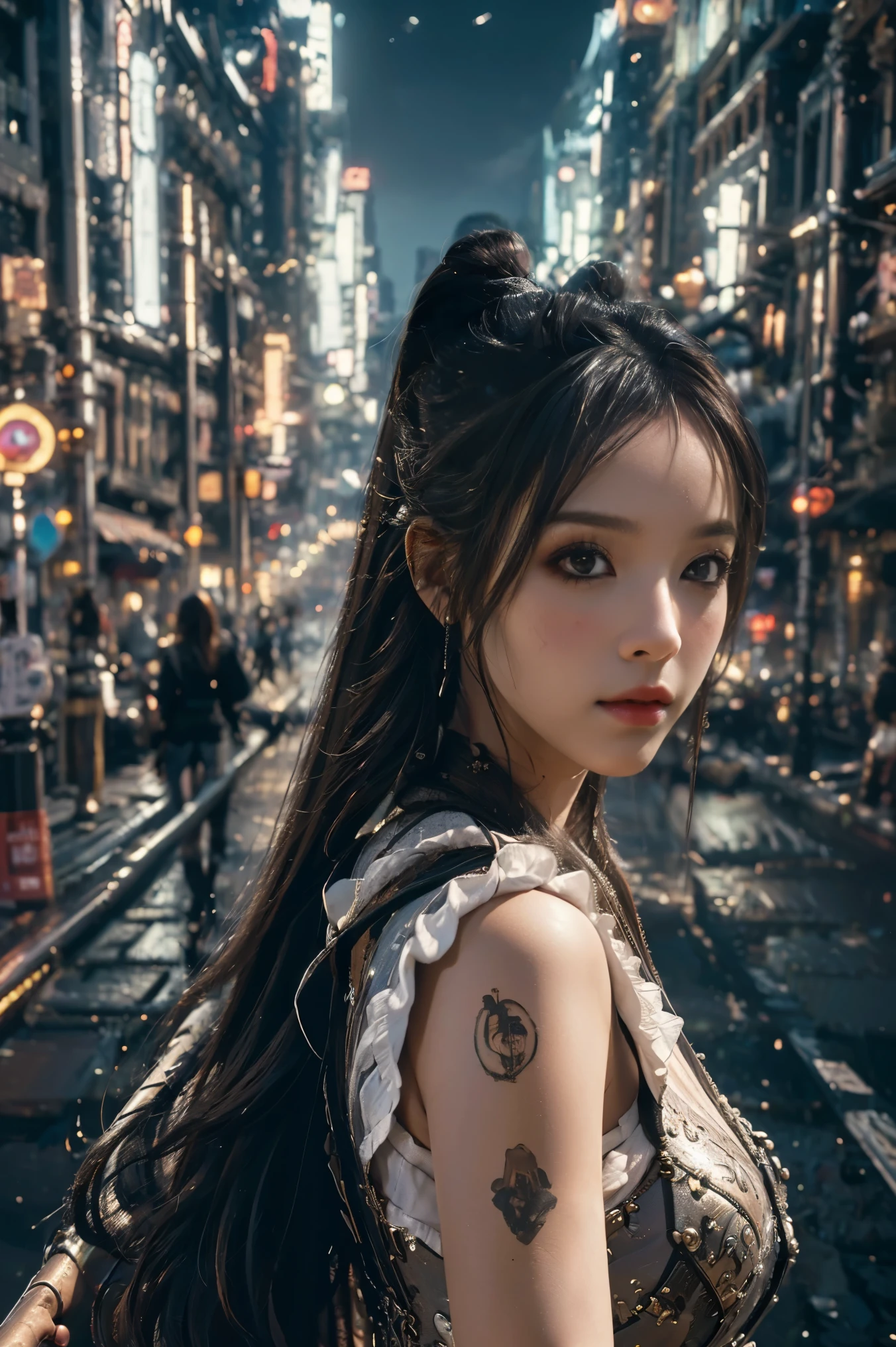 (Super detailed, masterpiece:1.2), extremely detailed artwork, amazing leap, best quality, high resolution, surreal:1.37, attractive girl,dark brown straight hair， long hair，background urban cityscape