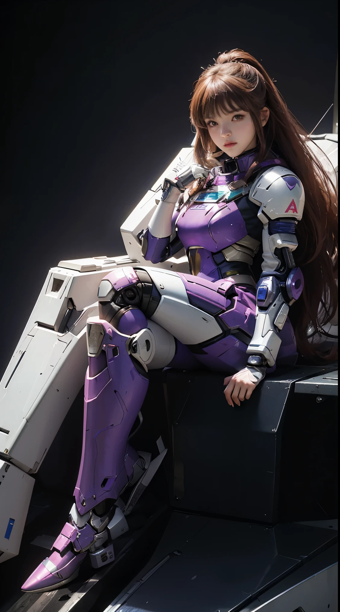 RAW, Masterpiece, Ultra Fine Photo,, Best Quality, Ultra High Resolution, Photorealistic, Sunlight, Full Body Portrait, Stunningly Beautiful,, Dynamic Poses, Delicate Face, Vibrant Eyes, (Side View) a close up of a woman in a pink and white gundam custume, dybamic pose, long brown very very long hair rapunzel, girl in mecha cyber armor, portrait armored astronaut girl, d. va from overwatch, female mecha, on a gundam, gundam head, chiho aoshima color scheme, mobile suit, streamlined purple armor, fully robotic!! girl, realistic cosplay, gundam armor (dynamic pose) (best cameraview), full body