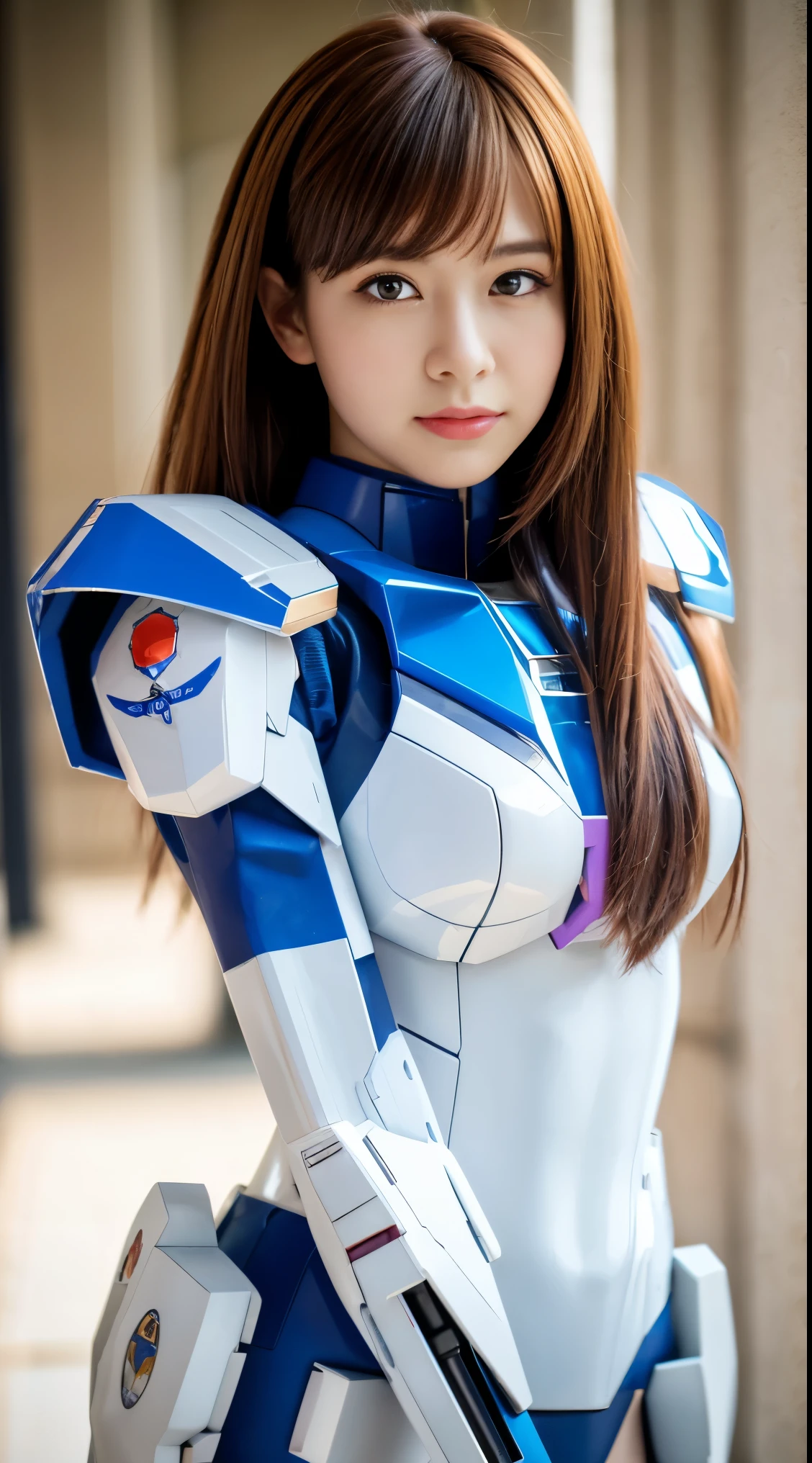 RAW, Masterpiece, Ultra Fine Photo,, Best Quality, Ultra High Resolution, Photorealistic, Sunlight, Full Body Portrait, Stunningly Beautiful,, Dynamic Poses, Delicate Face, Vibrant Eyes, (Side View) a close up of a woman in a pink and white gundam custume, dybamic pose, long brown very very long hair rapunzel, girl in mecha cyber armor, portrait armored astronaut girl, d. va from overwatch, female mecha, on a gundam, gundam head, chiho aoshima color scheme, mobile suit, streamlined purple armor, fully robotic!! girl, realistic cosplay, gundam armor (dynamic pose) (best cameraview), full body