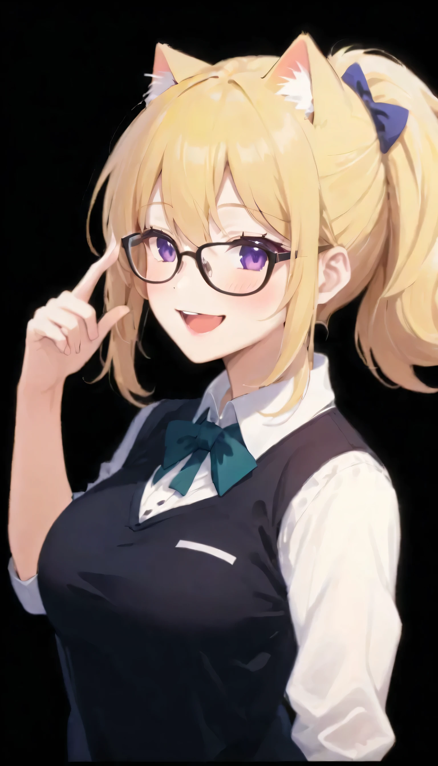 8K、(Cat ear)、blonde hair、big breasts、smile、Open your mouth and laugh、glasses、touch glasses with your finger
