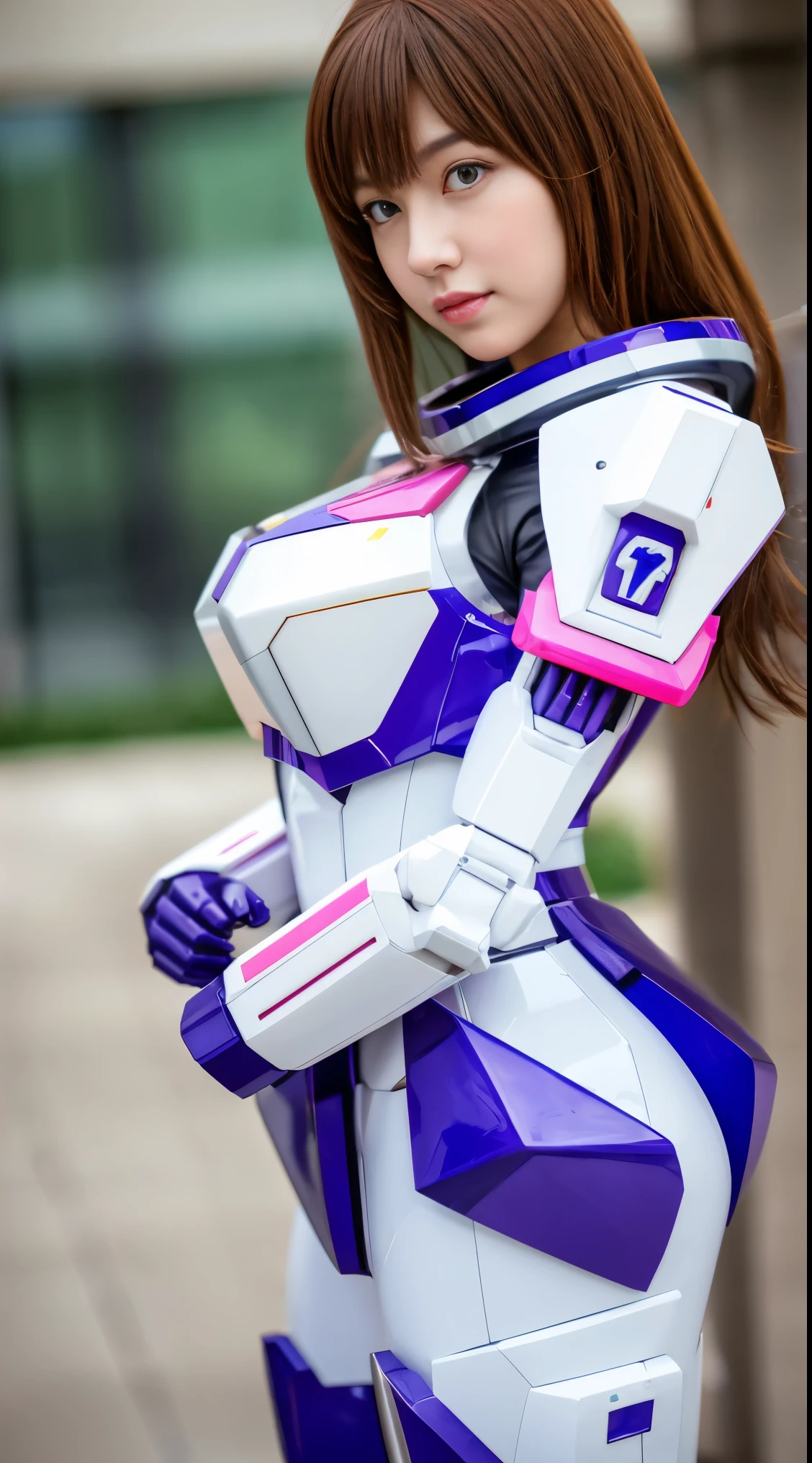 RAW, Masterpiece, Ultra Fine Photo,, Best Quality, Ultra High Resolution, Photorealistic, Sunlight, Full Body Portrait, Stunningly Beautiful,, Dynamic Poses, Delicate Face, Vibrant Eyes, a full body of a woman in a purple and white gundam custume, dybamic pose, long brown very very long hair rapunzel, girl in mecha cyber armor, portrait armored astronaut girl, d. va from overwatch, female mecha, on a gundam, gundam head, chiho aoshima color scheme, mobile suit, streamlined purple armor, fully robotic!! girl, realistic cosplay, gundam armor , full body, sit down, full body
