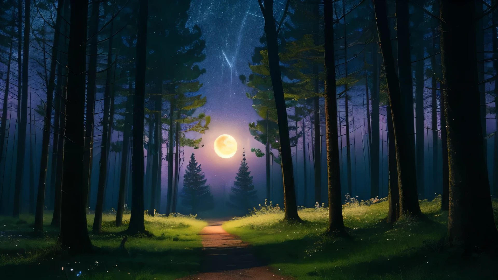 arafed image of a forest with a starry night through the trees, magical forest backround, glowing forest, mikko lagerstedt, night in the forest, photography of enchanted forest, magical forest with fireflies, forest moon light, mystical forest, magical forest, forest at night, an image of a moonlit forest, forest light, quiet forest night scene
