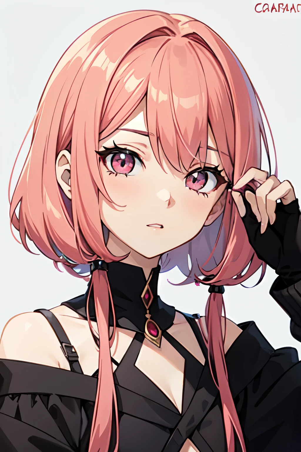 ((anime)), ((Mejor calidad)), ((obra maestra)), (detallado), cara perfecta, ojos color rojos oscuro, red, pelo largo, pelo rosa, pink, pelo liso, dos coletas delanteras, sin accesorios en la cabeza, vtuber, aesthetic