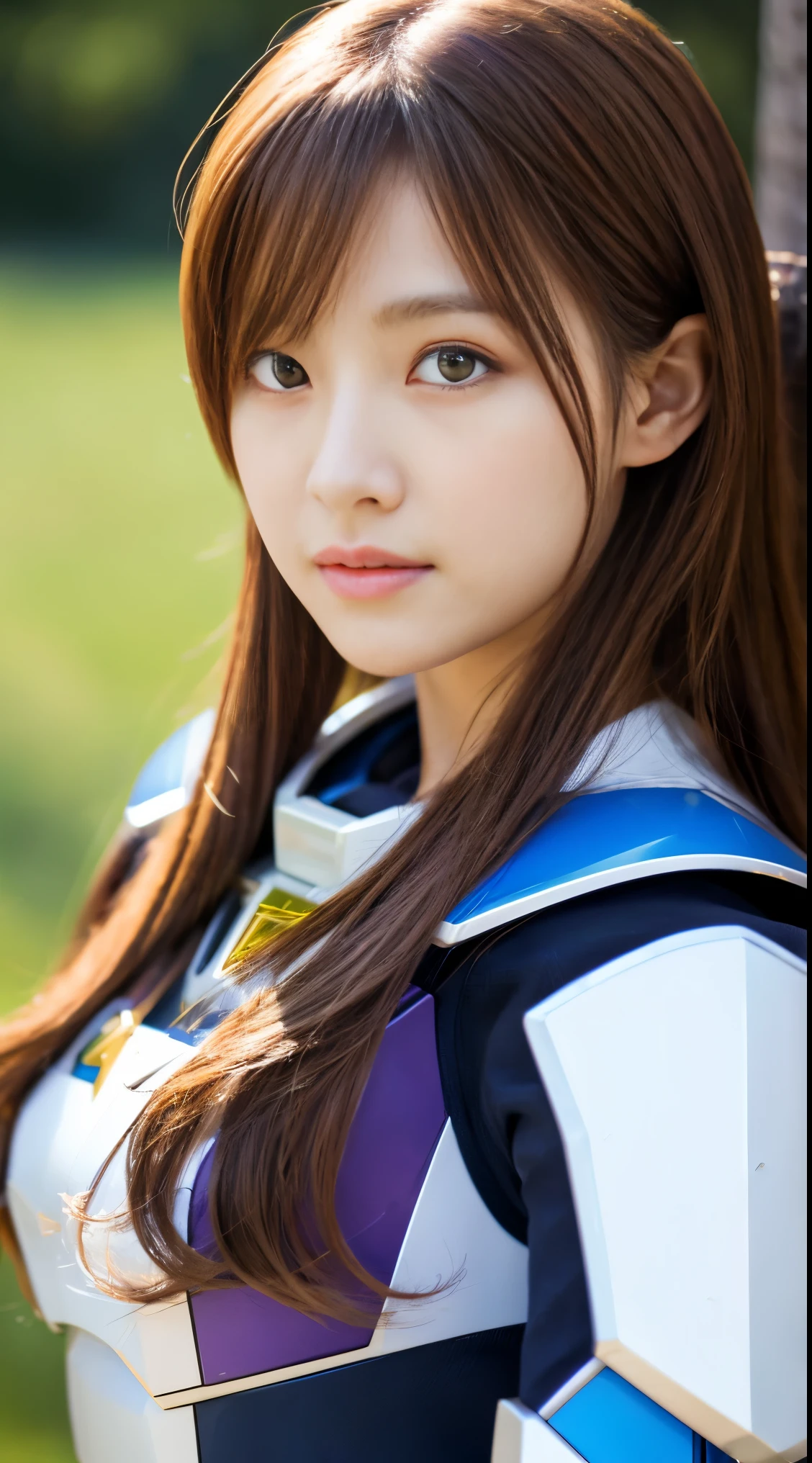 RAW, Masterpiece, Ultra Fine Photo,, Best Quality, Ultra High Resolution, Photorealistic, Sunlight, Full Body Portrait, Stunningly Beautiful,, Dynamic Poses, Delicate Face, Vibrant Eyes, (Side View) a close up of a woman in a pink and white gundam custume, dybamic pose, long brown very very very long long hair rapunzel, girl in mecha cyber armor, portrait armored astronaut girl, d. va from overwatch, female mecha, on a gundam, gundam head, chiho aoshima color scheme, mobile suit, streamlined purple armor, fully robotic!! girl, realistic cosplay, gundam armor (dynamic pose) (best cameraview), full body
