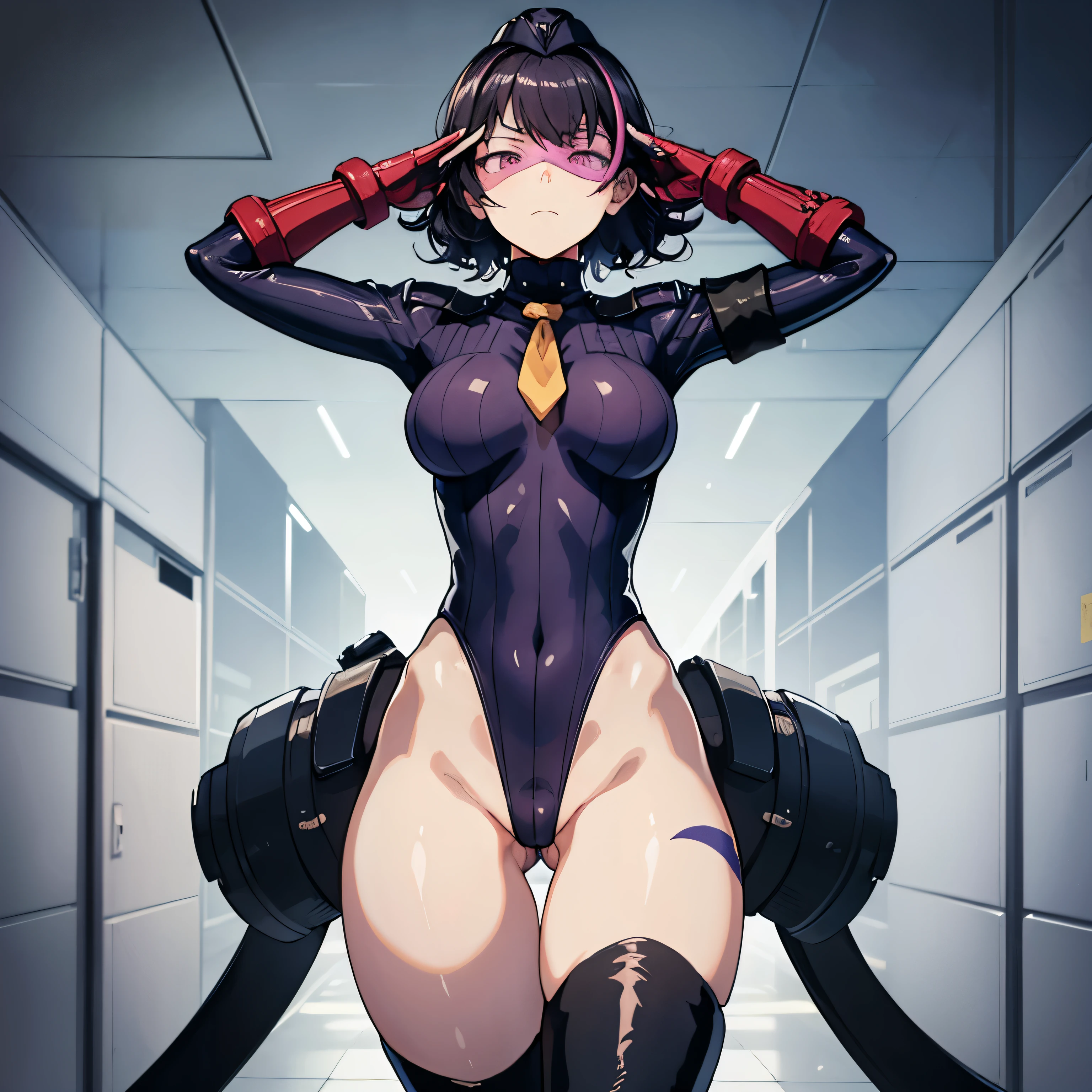 ultra-detailed, Explicit, Beautiful body, Beautiful Nose, Beautiful character design, perfect eyes, perfect face, ultra highres, 4K, beautiful legs, perfect legs, Nice hands, Perfect hand, Masterpiece, Best Quality, Highly detailed, illustration, absurdres, perfect anatomy, street fighter, doll suit, shadaloo doll, dollsuit, expressionless, blank eyes, looking at viewer, red gloves, emotionless, black latex, corruption, mind control, female combatant, full body, hypnotized, unhappy trance, full body suit, ribbed bodysuit, both arms at side, obey, perfect female body, extremely glossy latex, hypnosis, hypnoLora, empty eyes, Mind control device, poses, submissive_pose, Slave, standing straight, standing, standing at attention, hat, necktie, belt, latex, ribbed bodysuit, thigh Highs, garter belt, Fighting Stance, extending the right arm from the shoulder into the air with a straightened hand, military, thigh boots, black pantyhose, (((pixel-perfect, detail-perfect))), multiple girls, thousands of girls, millions of girls, clones, identical sisters, neat rows of sisters, neat columns of sisters, sisters standing in formation, sisters in background, saluting, salute, military saluting, matching outfits, rippernormal, purple hair,short hair,multicolored hair, red eyes,head-mounted display, Girls' Frontline, group picture