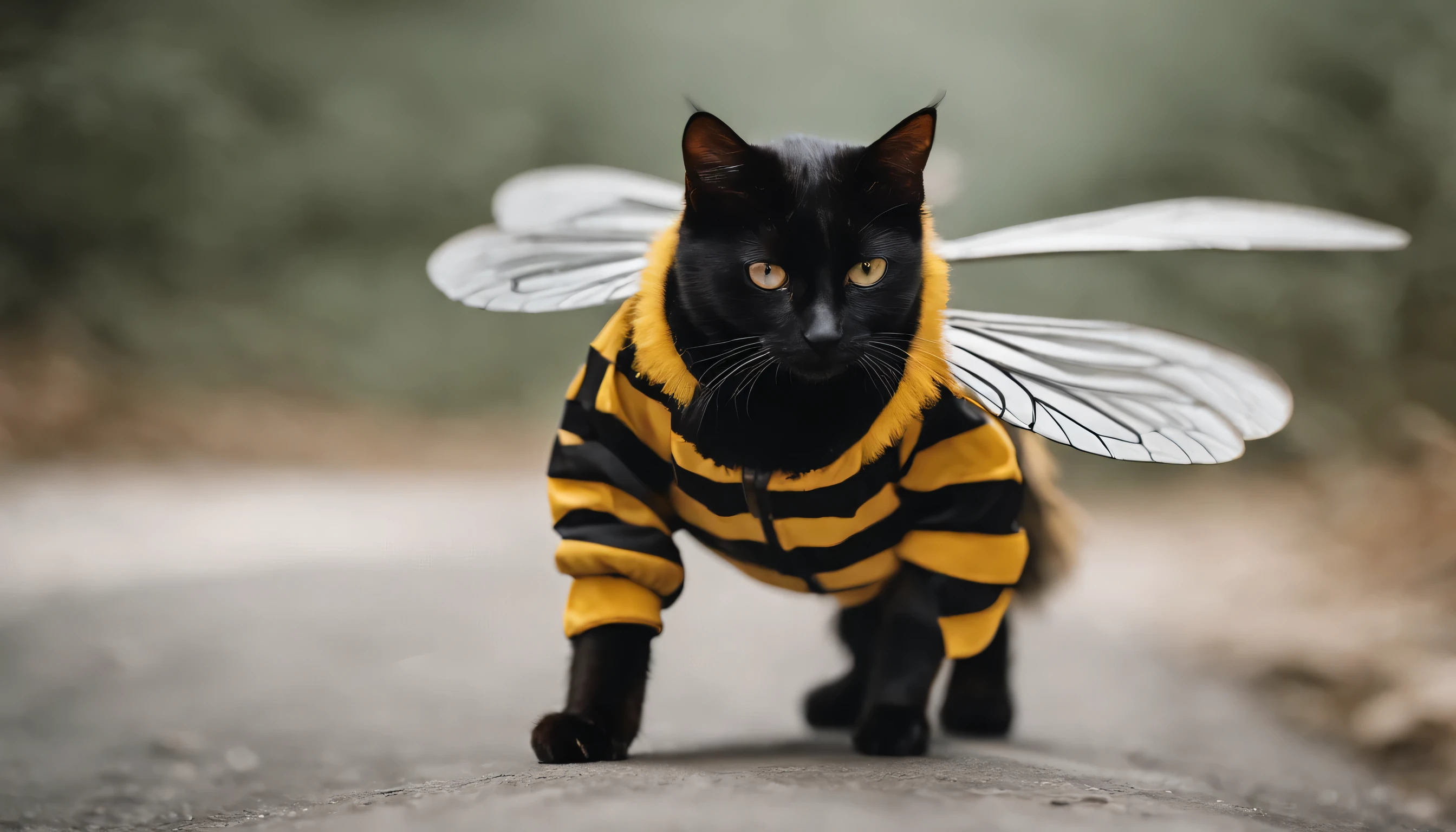 designclothing，clothing, Cat wearing black striped bee suit, Bee wings，White background，纯White background，Landing on all fours