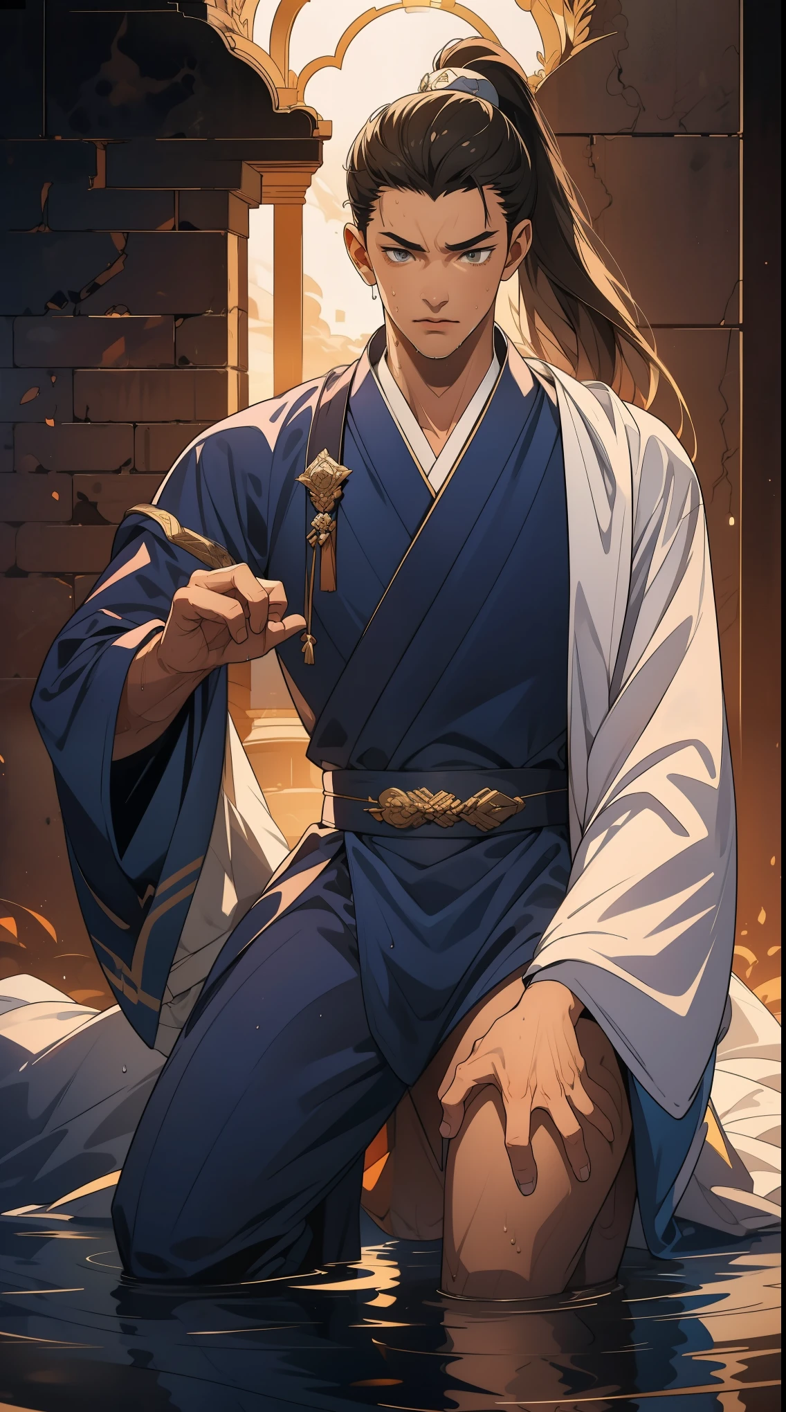Two dimensions,anime style,one person(male warrior),proportions are correct,facial details,swordsman,High ponytail hairstyle,neck details,Have an Adam's apple,white robe,joke,white robe,Clothing details,transfer,long sleeve,Game quality,fencing,Ray tracing,Ray tracing,Detailed glow,CG rendering,Hair details,long black hair,black eyes,Handsome,Handsome,(Youthful feeling),Costumes are complicated,Perfect composition,refine,high quality,higher detail,many details,Complex background,a sense of atmosphere, 1 person,very shy,Pee on legs,The semen flows down the thighs,Awkward,excited,very shocked,panicked,Worry,A small puddle of your own urine forms around your feet,Full body female love,Kneeling on the ground,really want,Very uncomfortable,wet yourself,Urine discharge, Sweating in the crotch,Soaked,