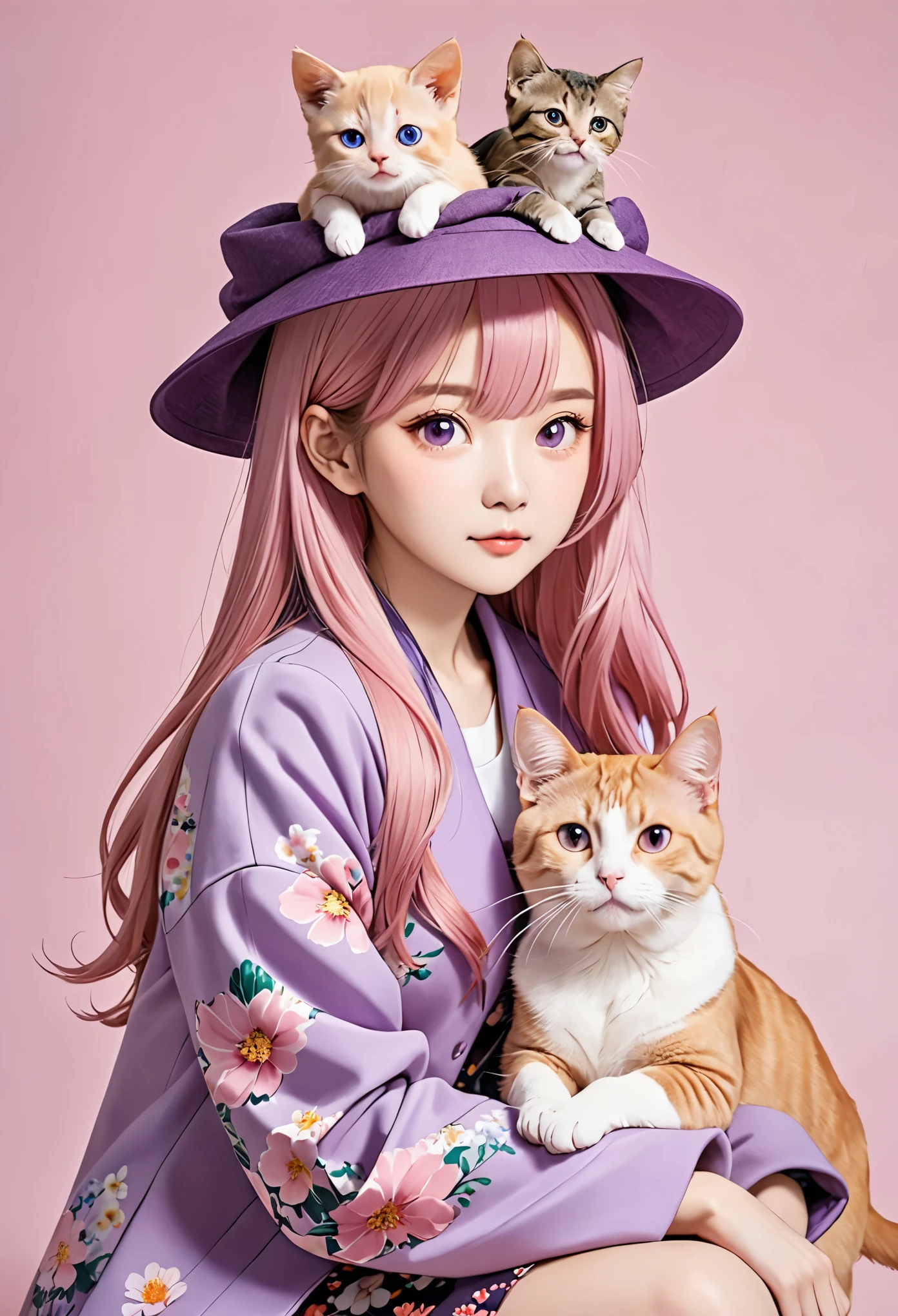 1girl,zgmaomao,dog,solo,floral print,pink hair,hat,cat_on_head,sit,purple_jacket,long hair,kabutops,
