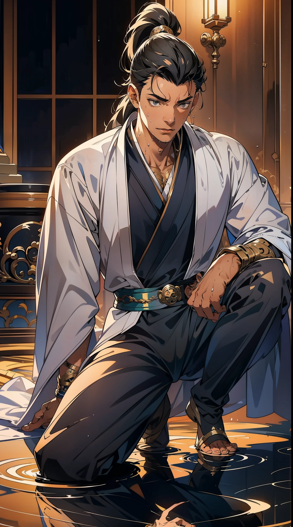 Two dimensions,anime style,one person(male warrior),proportions are correct,facial details,swordsman,High ponytail hairstyle,neck details,Have an Adam's apple,white robe,joke,white robe,Clothing details,transfer,long sleeve,Game quality,fencing,Ray tracing,Ray tracing,Detailed glow,CG rendering,Hair details,long black hair,black eyes,Handsome,Handsome,(Youthful feeling),Costumes are complicated,Perfect composition,refine,high quality,higher detail,many details,Complex background,a sense of atmosphere, 1 person,very shy,Pee on legs,The semen flows down the thighs,Awkward,excited,very shocked,panicked,Worry,A small puddle of your own urine forms around your feet,Full body female love,Kneeling on the ground,really want,Very uncomfortable,wet yourself,Urine discharge, Sweating in the crotch,Soaked,