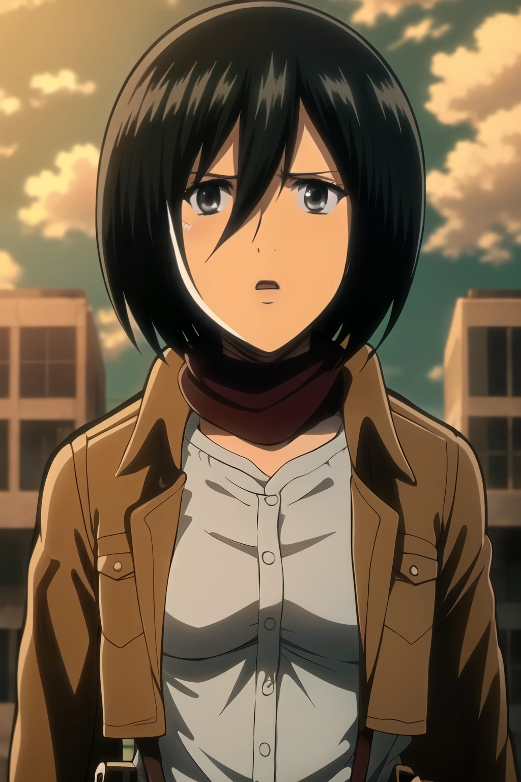 mikasa1 a woman, looking at the viewer, upper body, at the streets, attack on titan style, ultra HD, High Resolution, 8K, Highres, 