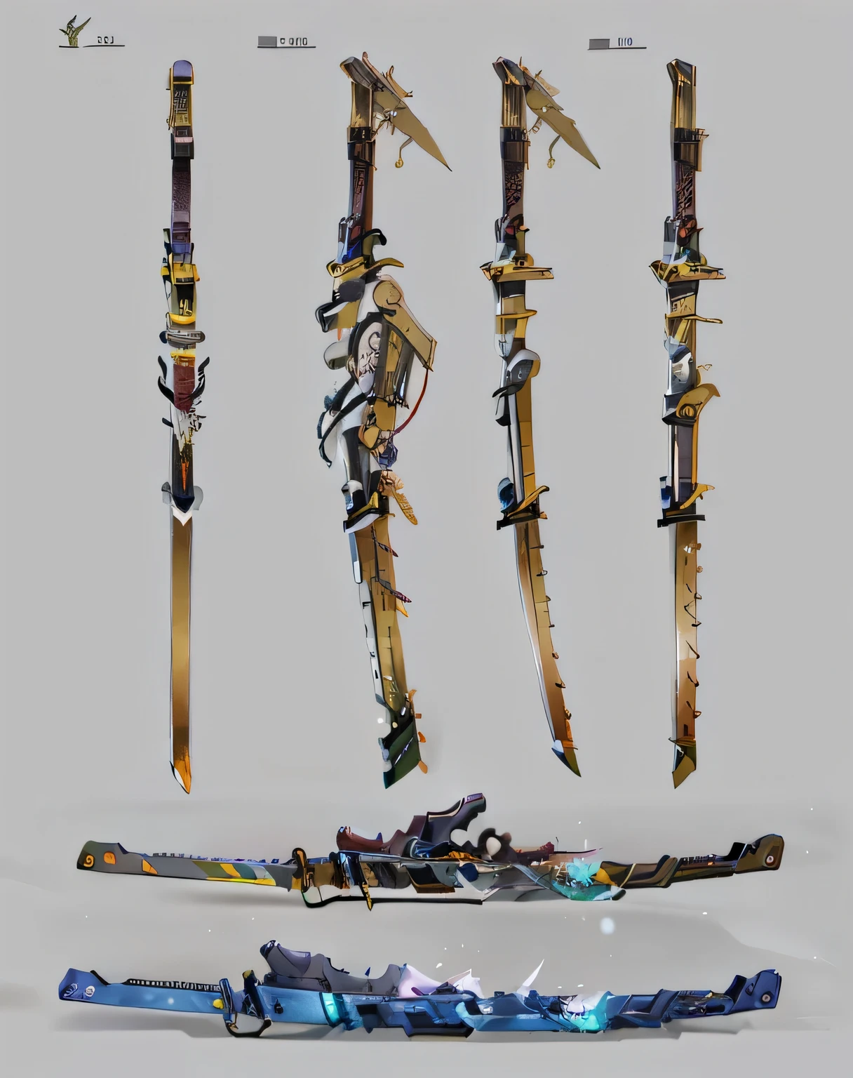 Close up of a bunch of different types of swords, sword design, Weapon design, No More Hero Concept Art, chainsaw sword knife, Weapon Concept Design, blade design, weapon concept art, weapon concept art, ghost blade style, knife zero, knife, multiple floating swords, steampunk knife, warblade weapon, sickle design, Jiangjian