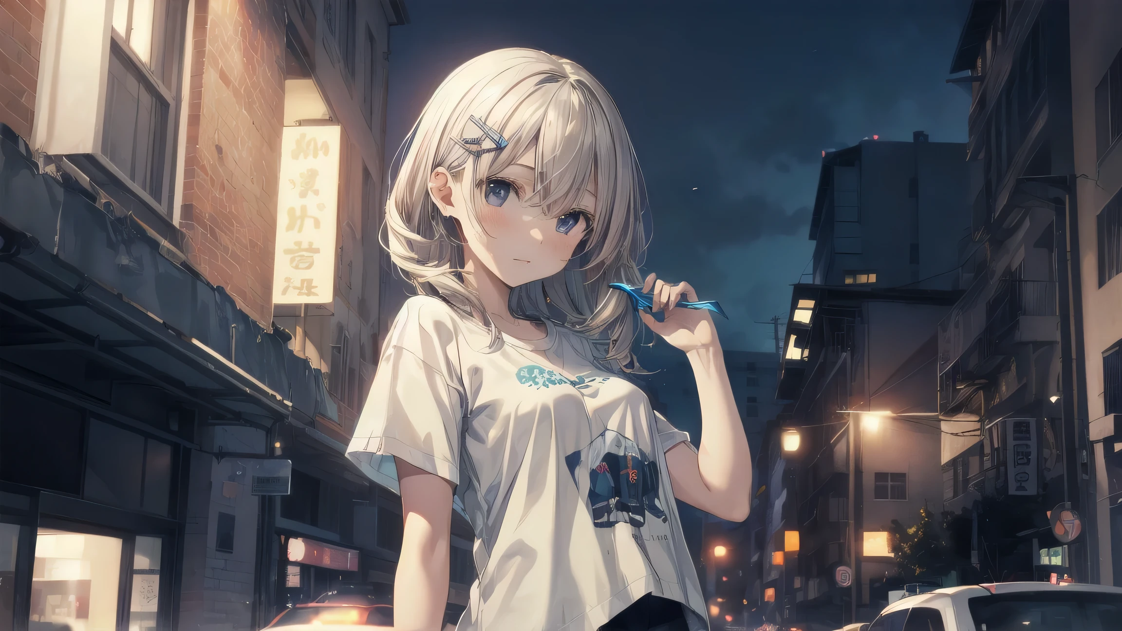 highest quality, anime moe art style,Best Anime 8K Kona-chan Wallpaper,Pixiv contest winners,perfect anatomy, (plump nipples),break, 1 girl, (alone,,,20-year-old:1.3), long white curly hair, amount, (hair above one eye:1.4),all limbs, full finger,Beautiful D Cup Breasts, between the legs, small eyes,accurate black eyes, hair clip, simple and thin fabric, (((white t-shirt))), mini skirt. break, Draw the whole limb, Super detailed,High resolution,super dense skin, professional lighting,8K eye details, (cute illustration:1.2), Night view of Minato Mirai、