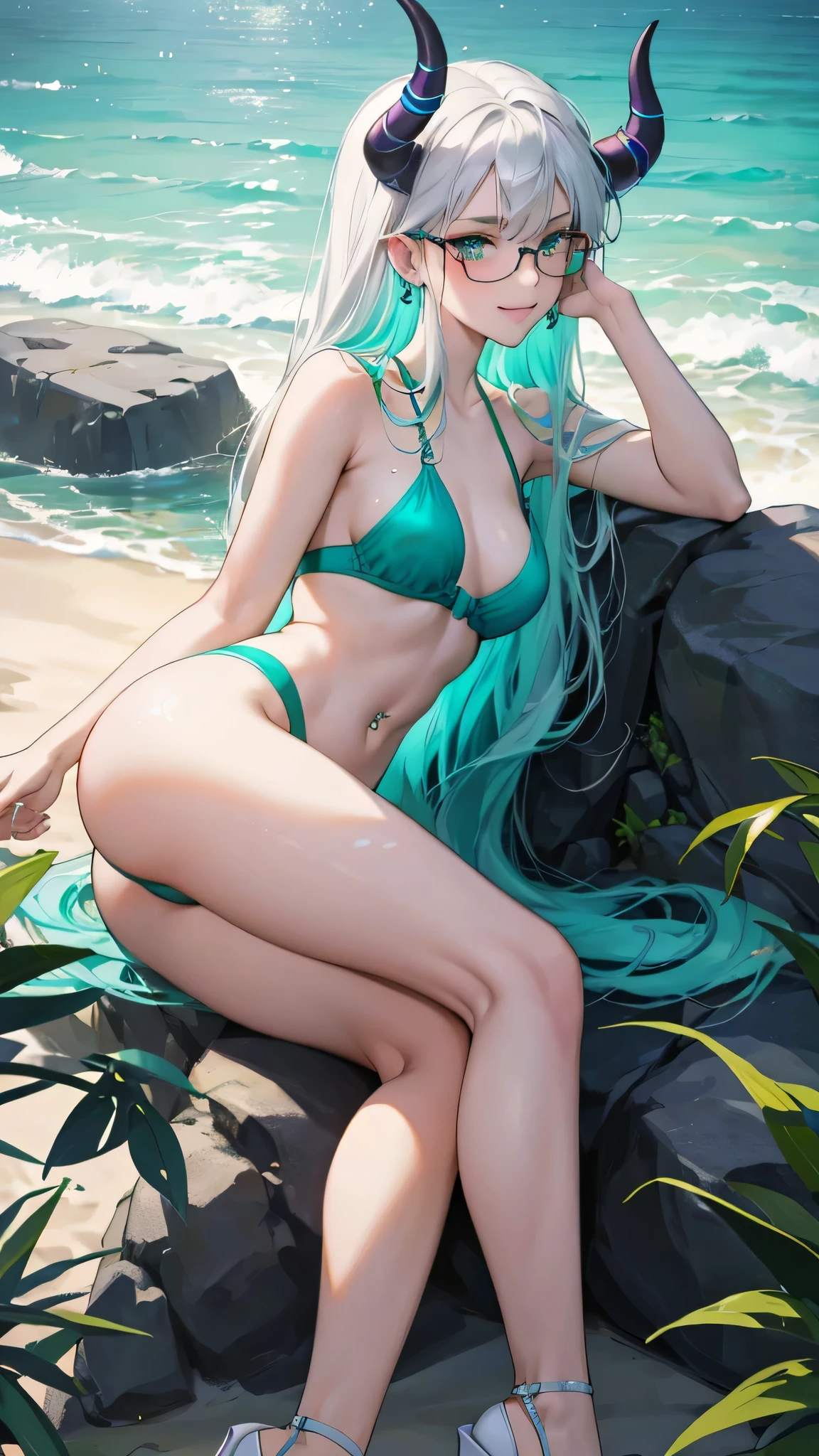 8k, masterpiece, best quality, highly detailed, 1girl, tiefling, warlock, multicolored hair, long  straight hair green highlight hair on white hair, strippled hair, wearing glasses, earrings, mole, glowing green eyes, glamorous, beach, shoreline, teal and purple bikinis, butterfly, high heels, navel piercing, villainy, smirk, seductive pose, close up view, rings, looking at viewer, demon horns, 