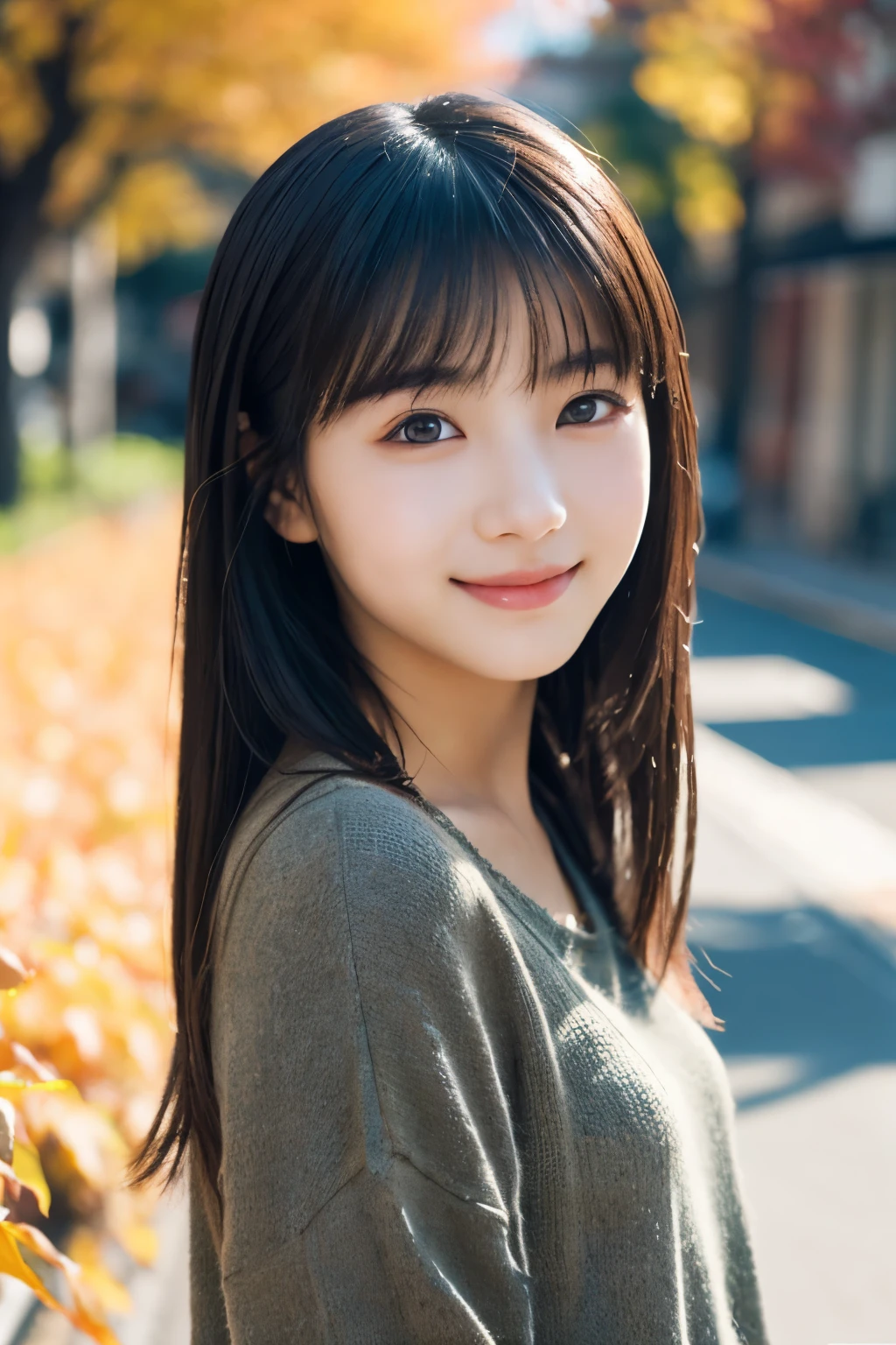 1 girl, (Please wear casual spring clothes:1.2), (13 years old:1.5), （Original　Cai Naihua）, young face, cute face, (Raw photo, highest quality), (realistic, Photoreal:1.4), pieces fly, sharp focus, very delicate and beautiful, very detailed, 2k wallpaper, wonderful, finely, very detailed CG Unity 8K 壁紙, Super detailed, High resolution, soft light, beautiful detailed girl, very detailed目と顔, beautifully detailed nose, beautiful and detailed eyes, Break Autumn street corner, cinematic lighting, perfect anatomy, slender body, straight long hair, parted bangs, innocent smile, looking at the viewer