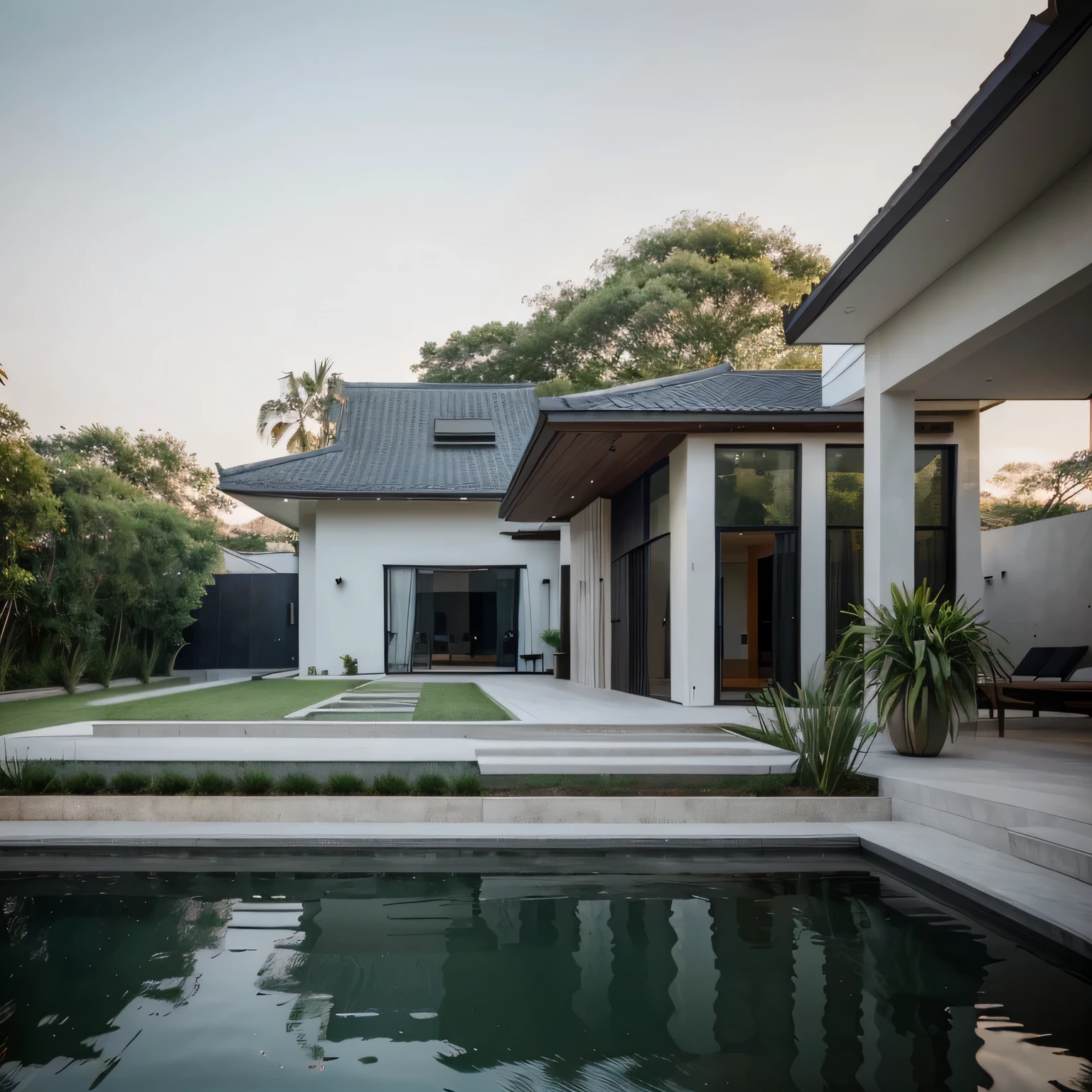 exterior Design house in the countryside, Modern Architecture, Contemporary Architecture, Designed by Vo Trong Nghia, Vietnamese colonial Detail & Elements,timeless & luxury design, less detail, in the style of minimalist , neutral color palette, 32k uhd, high quality photo, minimalist detail, Large wide - angle camera, flattering lighting,, Subtle color contrast, natural lighting, serene and peaceful ambiance, Architectural masterpiece, architectural photography award --ar 16:9 --s 500 --v 6.0 --style raw