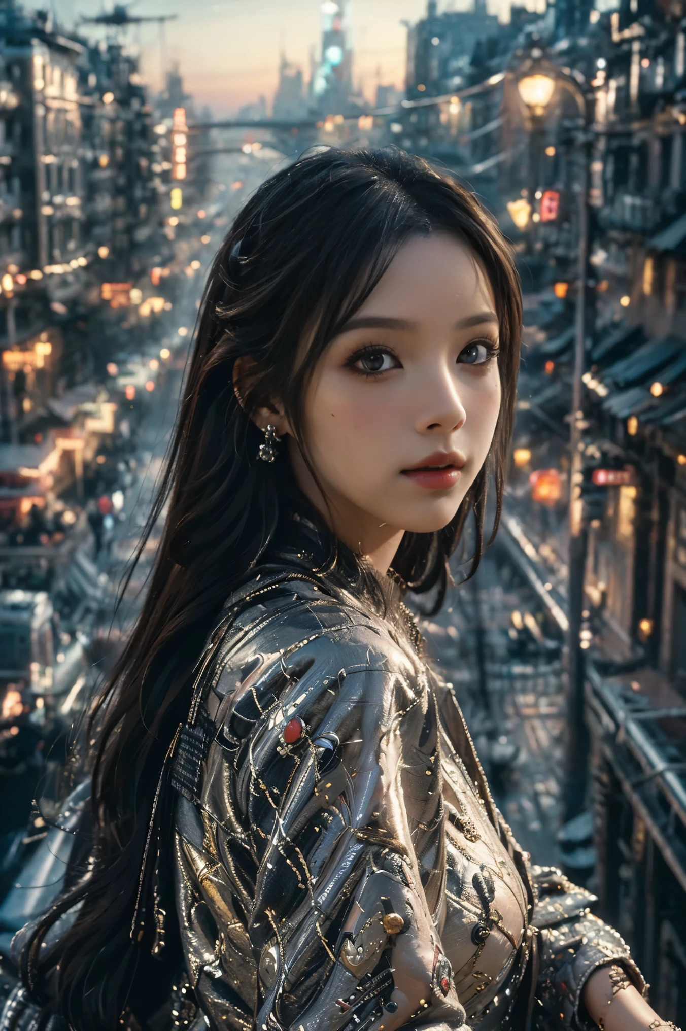 (Super detailed, masterpiece:1.2), extremely detailed artwork, amazing leap, best quality, high resolution, surreal:1.37, attractive girl,dark brown straight hair, long hair,background urban cityscape