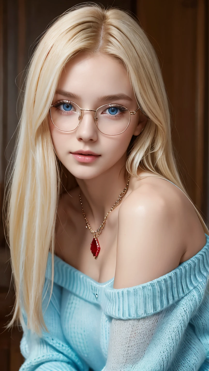1 girl, 19 years old, extraordinary beauty、alone, long blonde hair, Huge , looking at the viewer, silky blonde hair, bare shoulders, bright pale blue eyes, gem, full body, necklace, off shoulder, red sweater, realistic, sexy 8k、wearing glasses、cheek gloss、small face beauty、