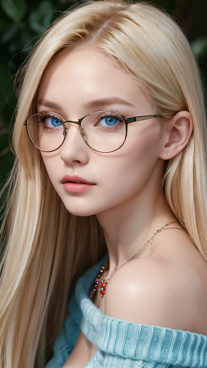 1 girl, 19 years old, extraordinary beauty、alone, long blonde hair, Huge , looking at the viewer, silky blonde hair, bare shoulders, bright pale blue eyes, gem, full body, necklace, off shoulder, red sweater, realistic, sexy 8k、wearing glasses、cheek gloss、small face beauty、