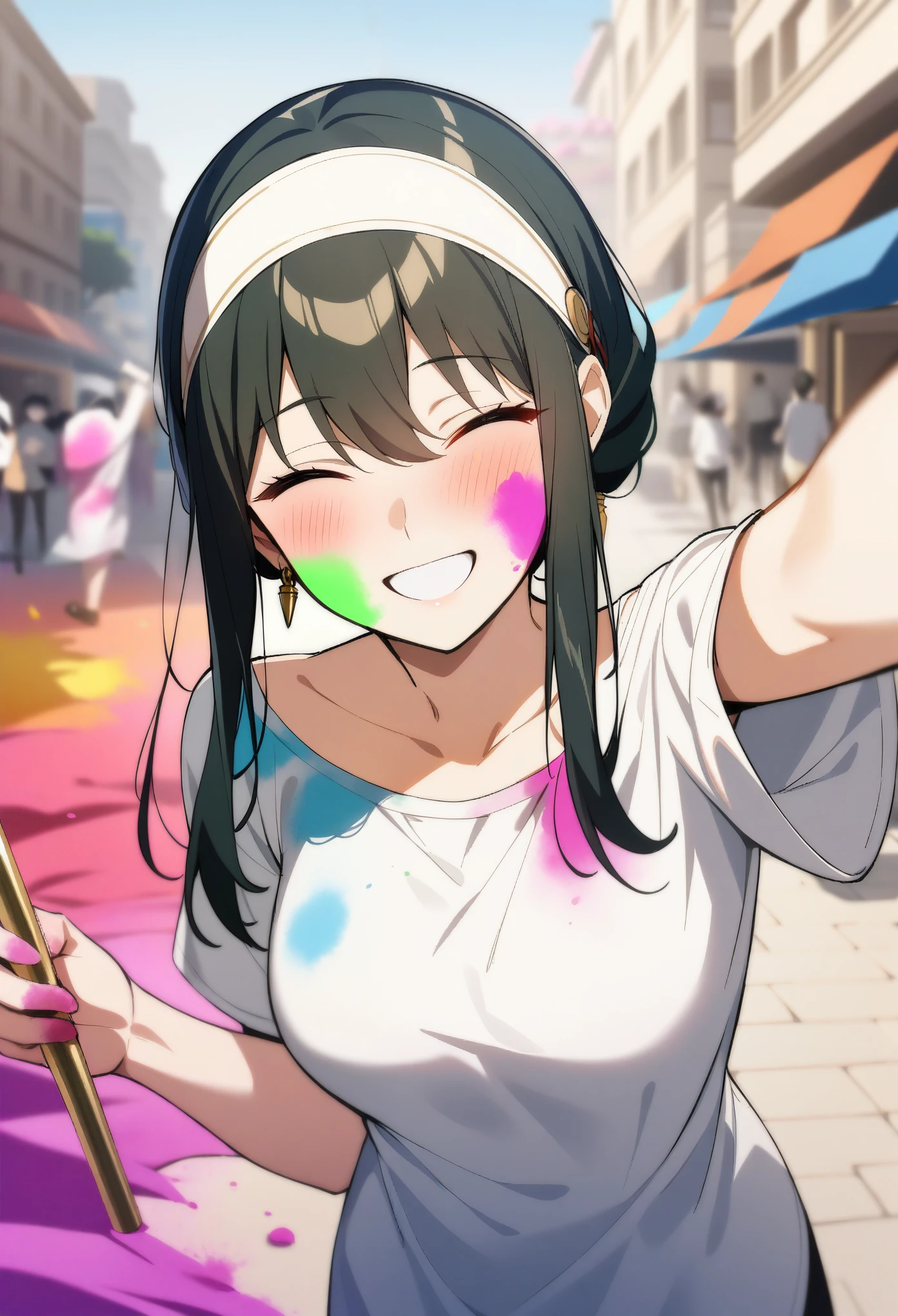 1girl, yor briar, spy x family, black hair, white headband, smile, closed eyes, mature body, (selfie), (celebrating holi), ((holi colors)), colors on face, holi celebration, ((city background)), masterpiece, best quality, aesthetic, absurdres