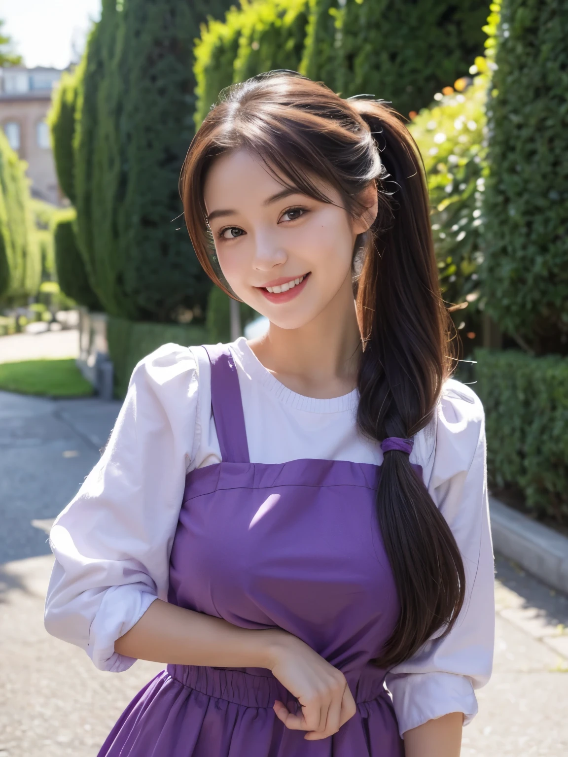 cute girl big breasts , cute outfit , cute smile , pony tail very very very long long hair rapunzel , purple