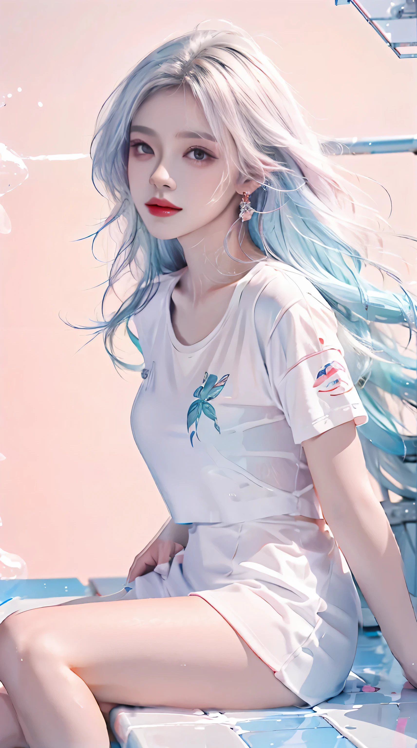 （masterpiece、best quality、high resolution），White background，acrylic paint，（（splash of color，Splash ink、splash of color）），sweet chinese girl，Long light blue hair，[light blue|pink big breasts]hair，curls，sparkling，pink lips，white shirt，street frontage，Above the legs