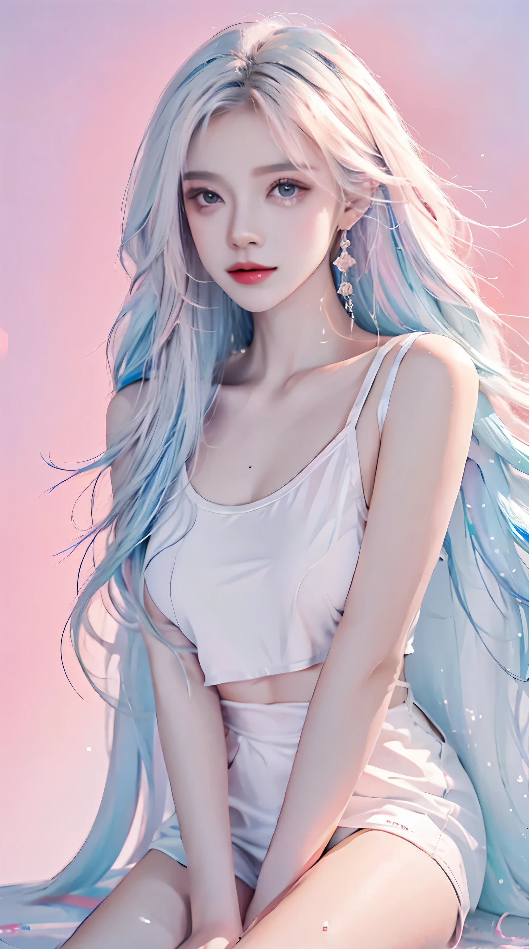 (Masterpiece, Best Quality, High Resolution), White Background, Acrylic Paint, ((Color Splash, Splash of Ink, Color Splash)), Sweet Girl, Long Light Blue Hair, [Light Blue|Pink] Hair, Curly Hair, Glitter, Peach Lips, tatoo at arm, elegant dress, Front, hips up