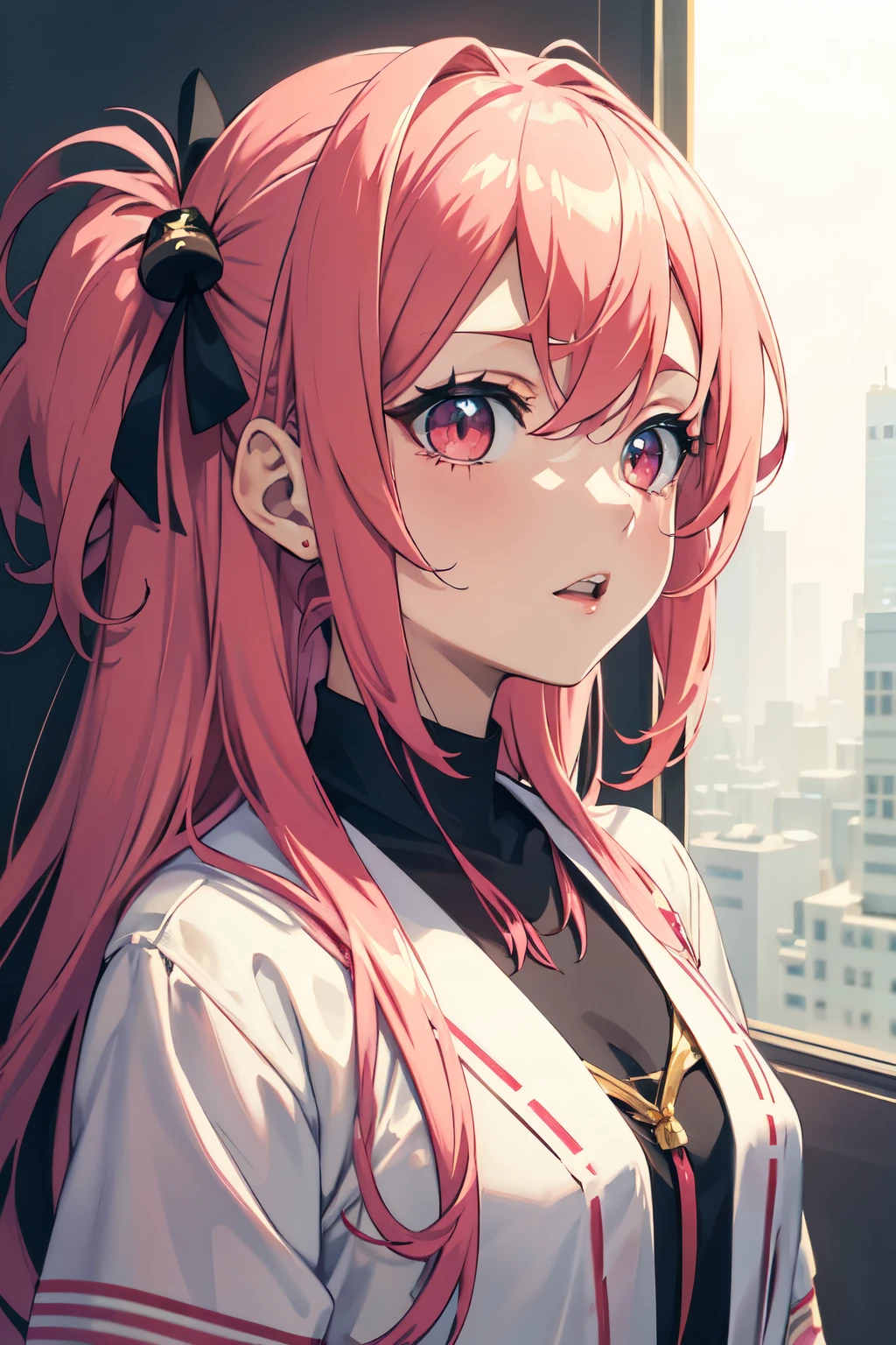 ((anime)), ((Mejor calidad)), ((obra maestra)), (detallado), cara perfecta, ojos color rojos oscuro, red, pelo largo, pelo rosa, pink, pelo liso, dos coletas delanteras, sin accesorios en la cabeza, vtuber, aesthetic, sakura