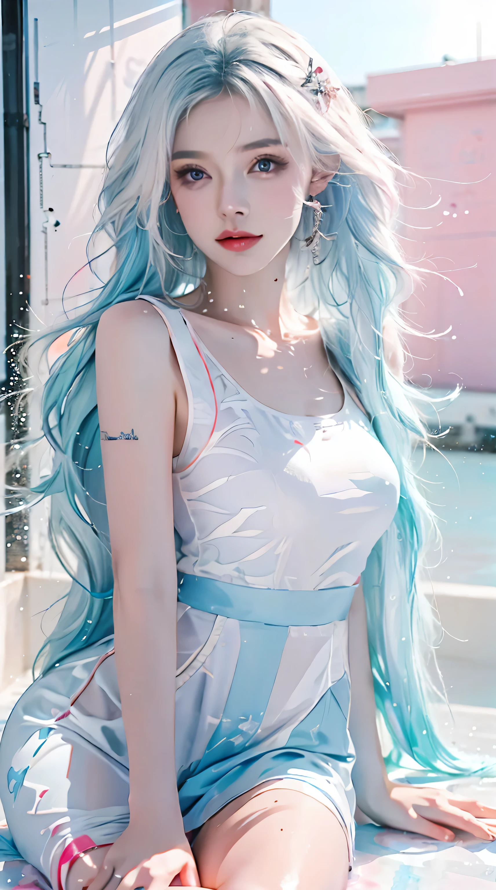 (Masterpiece, Best Quality, High Resolution), White Background, Acrylic Paint, ((Color Splash, Splash of Ink, Color Splash)), Sweet Chinese Girl, Long Light Blue Hair, [Light Blue|Pink] Hair, Curly Hair, Glitter, Peach Lips, White Shirt, Front, Full Body