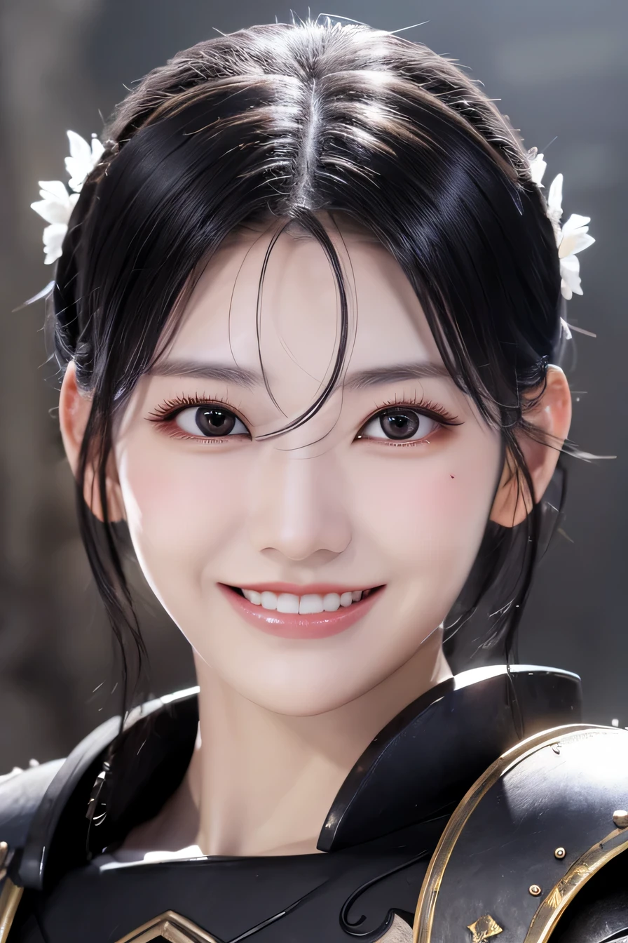 highest resolution, 4k, masterpiece: 1.3), japanese mature, women pictures, sexy, fine eyes, slender body shape, realistic teeth, double eyelid, full body, highest quality, become familiar with, equipped with armor, in a fantasy world, The background is a castle、black hair、ear piercing、smile、beautiful teeth