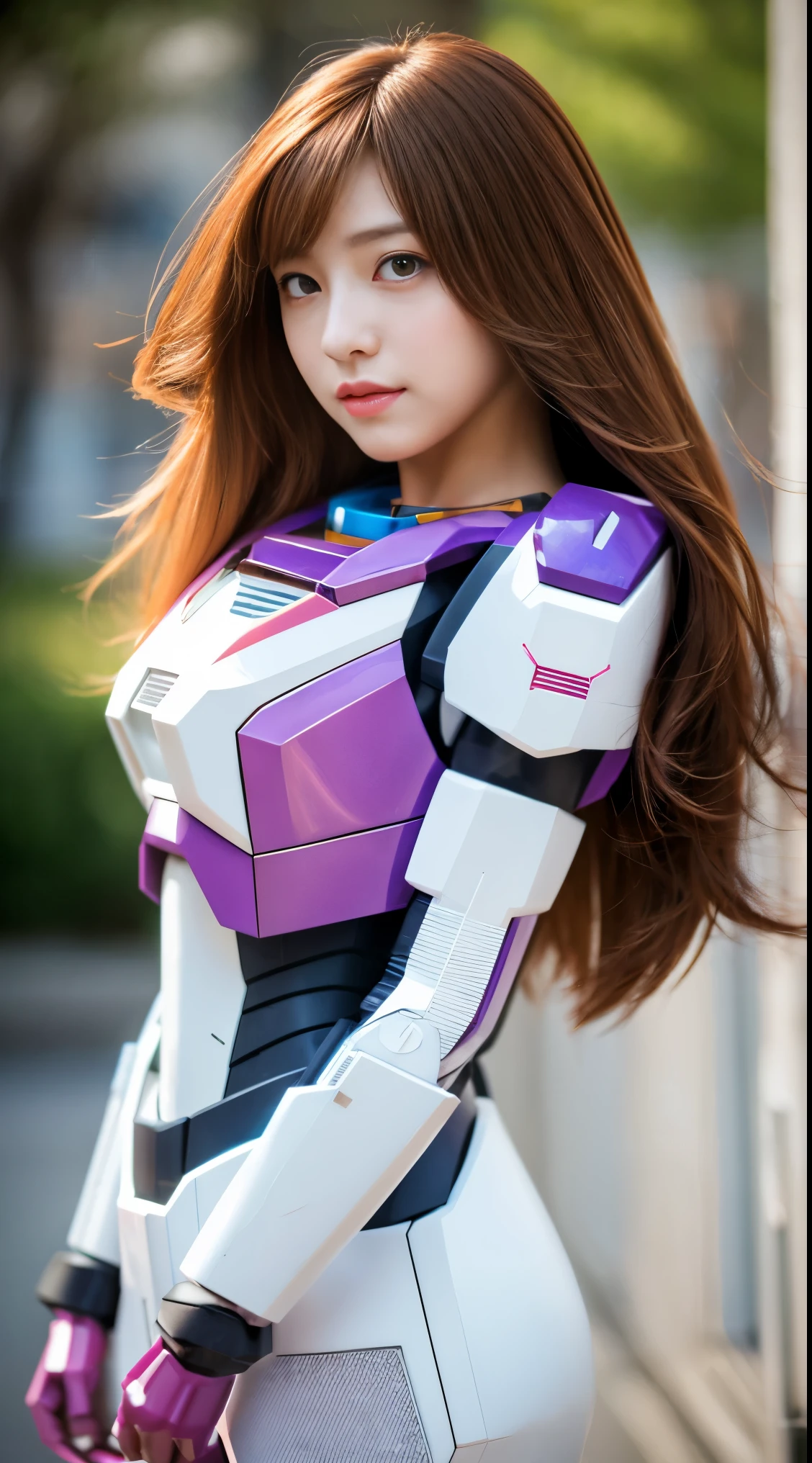 RAW, Masterpiece, Ultra Fine Photo,, Best Quality, Ultra High Resolution, Photorealistic, Sunlight, Full Body Portrait, Stunningly Beautiful,, Dynamic Poses, Delicate Face, Vibrant Eyes, (Side View) a close up of a woman in a pink and white gundam custume, dybamic pose, long brown very very very long long hair rapunzel, girl in mecha cyber armor, portrait armored astronaut girl, d. va from overwatch, female mecha, on a gundam, gundam head, chiho aoshima color scheme, mobile suit, streamlined purple armor, fully robotic!! girl, realistic cosplay, gundam armor (dynamic pose) (best cameraview), full body