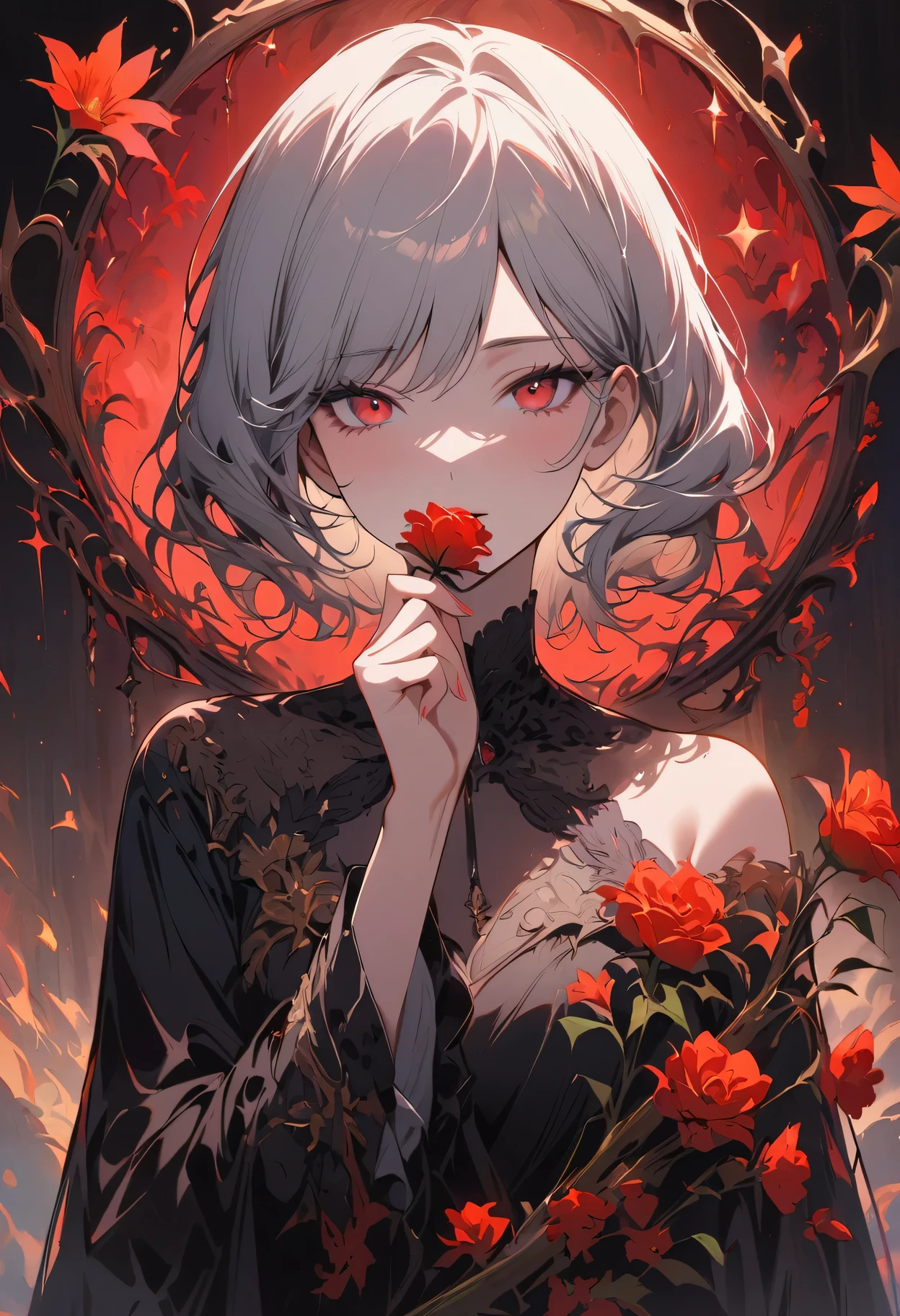 (best quality, masterpiece), (1 girl, alone, black skirt, permanent , looking at the audience, white hair, Red eyes, holding a rose, Keep your mouth shut, Upper body), (Red dream catcher in the back, safflower, )